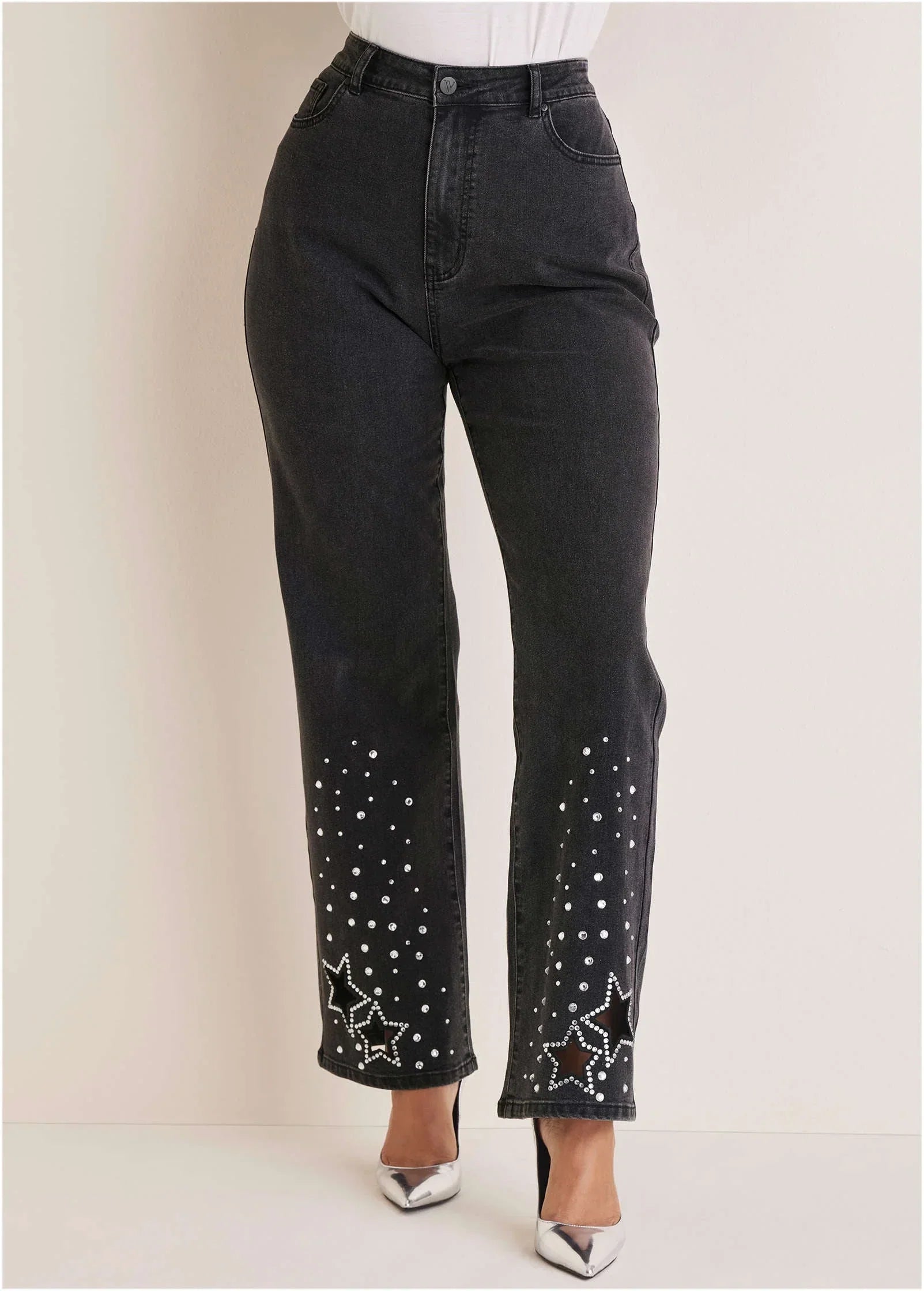 Rhinestone Embellished Jeans Black Wash