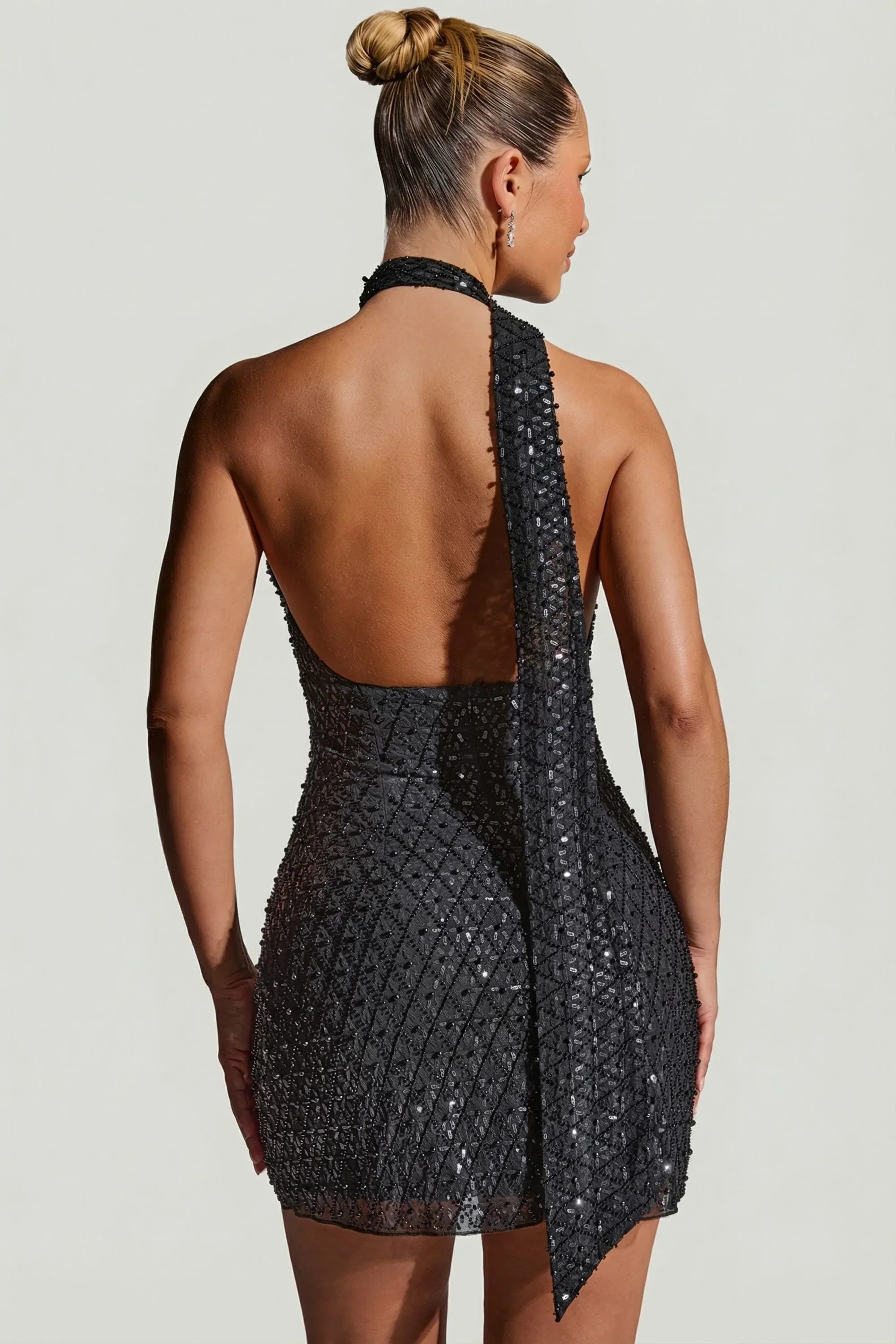 Embellished Scarf Detail Halterneck Mini Dress in Black