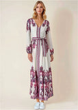 Tie Waist Linen Maxi Dress Pink Boho Paisley Border