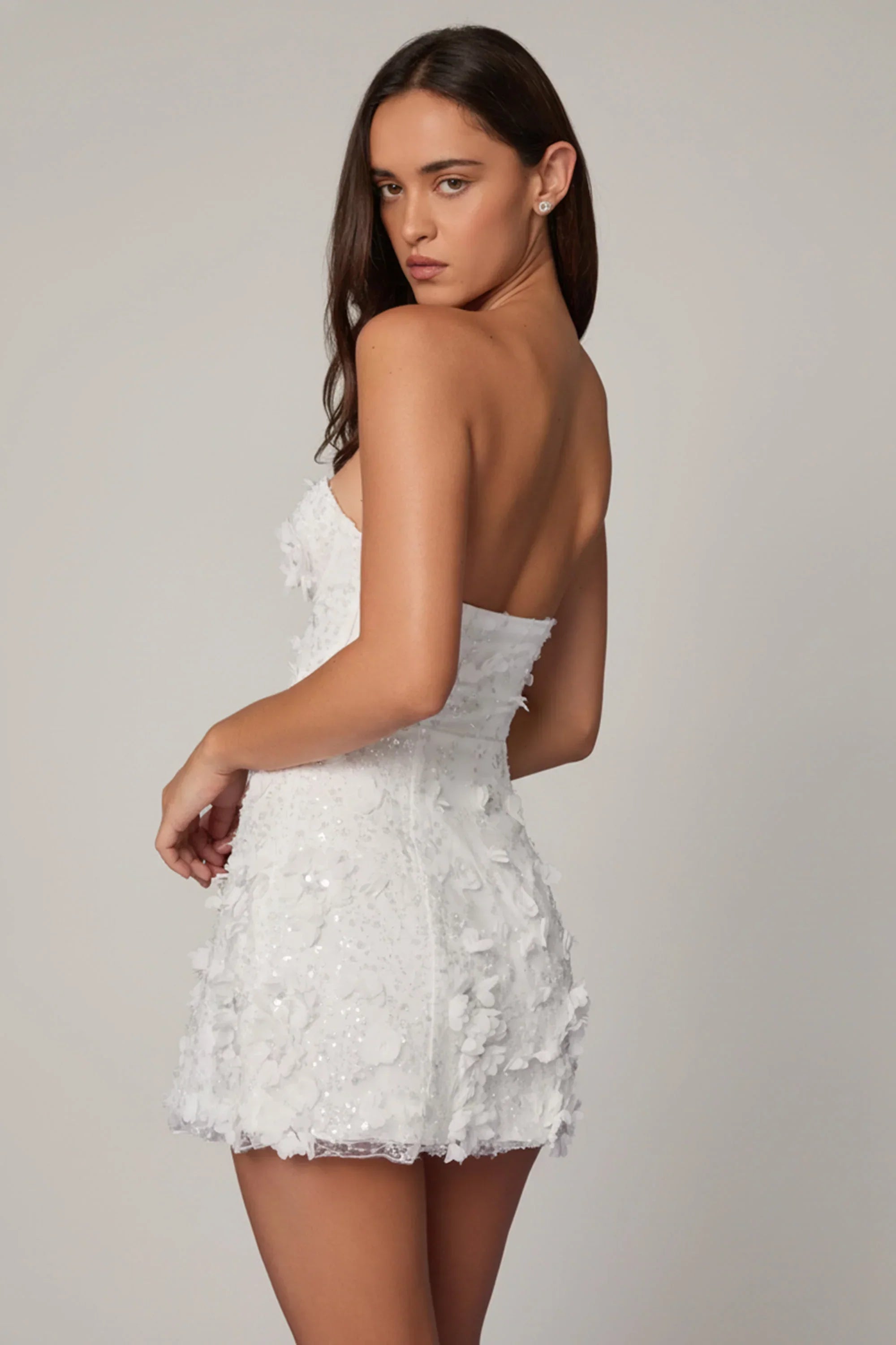 Embellished Bandeau A line Mini Dress in White