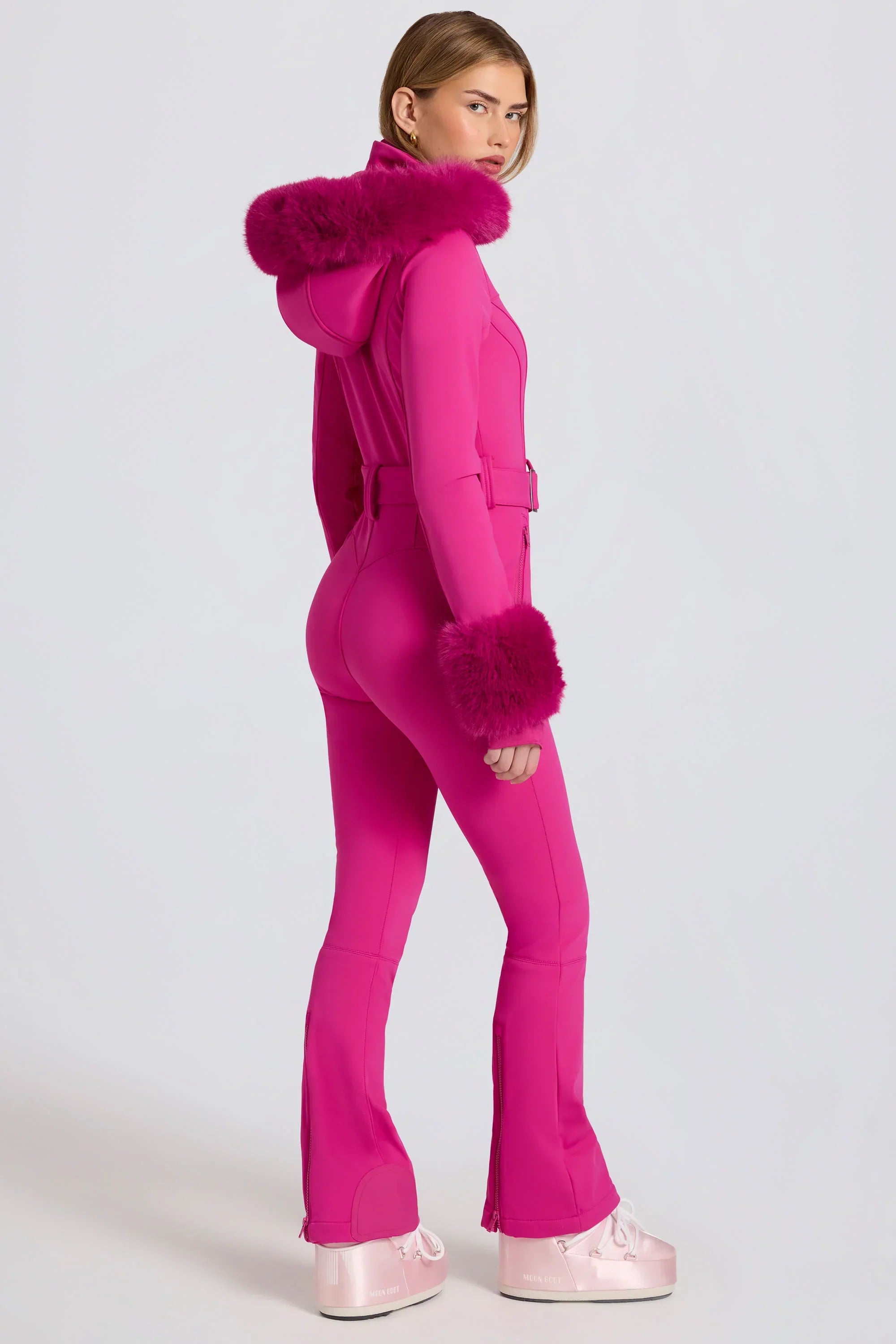 Waterproof Faux Fur Hood Fitted Ski Suit in Magenta Pink