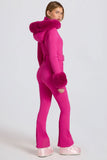 Waterproof Faux Fur Hood Fitted Ski Suit in Magenta Pink