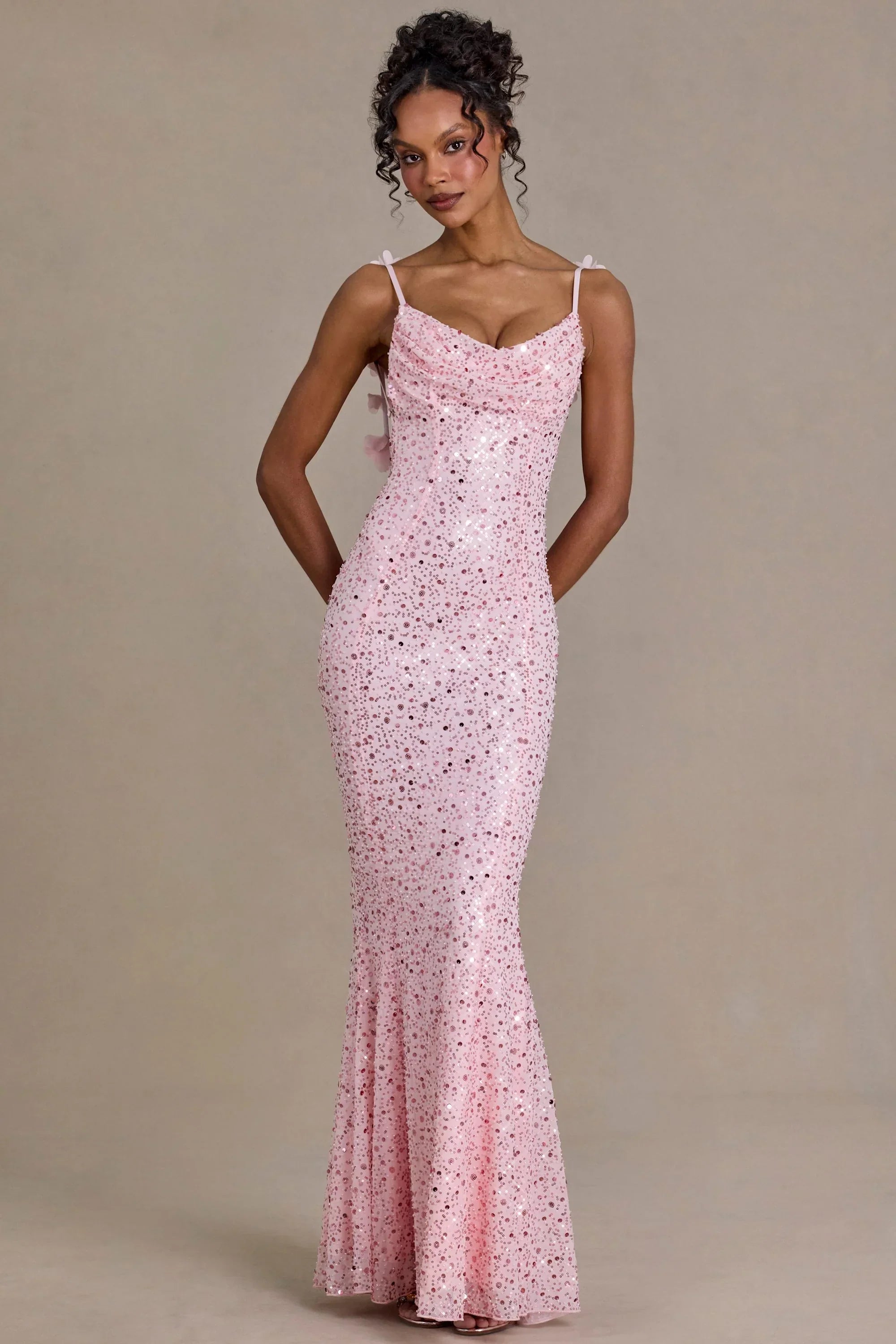 Embellished Open Back Maxi Dress in Baby Pink