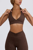 Brushed Jersey V Neck Sports Bra in Pecan Marl