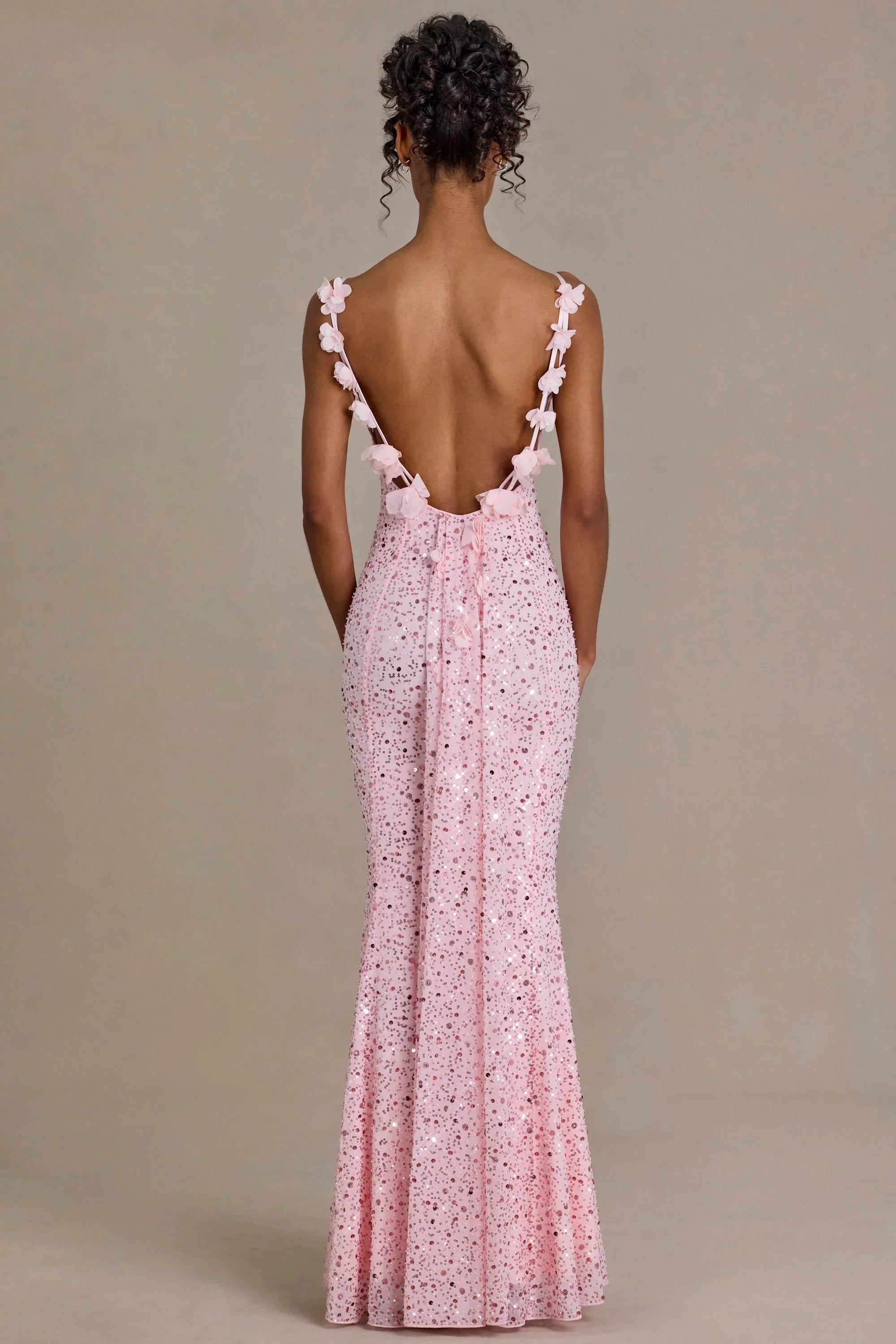Embellished Open Back Maxi Dress in Baby Pink