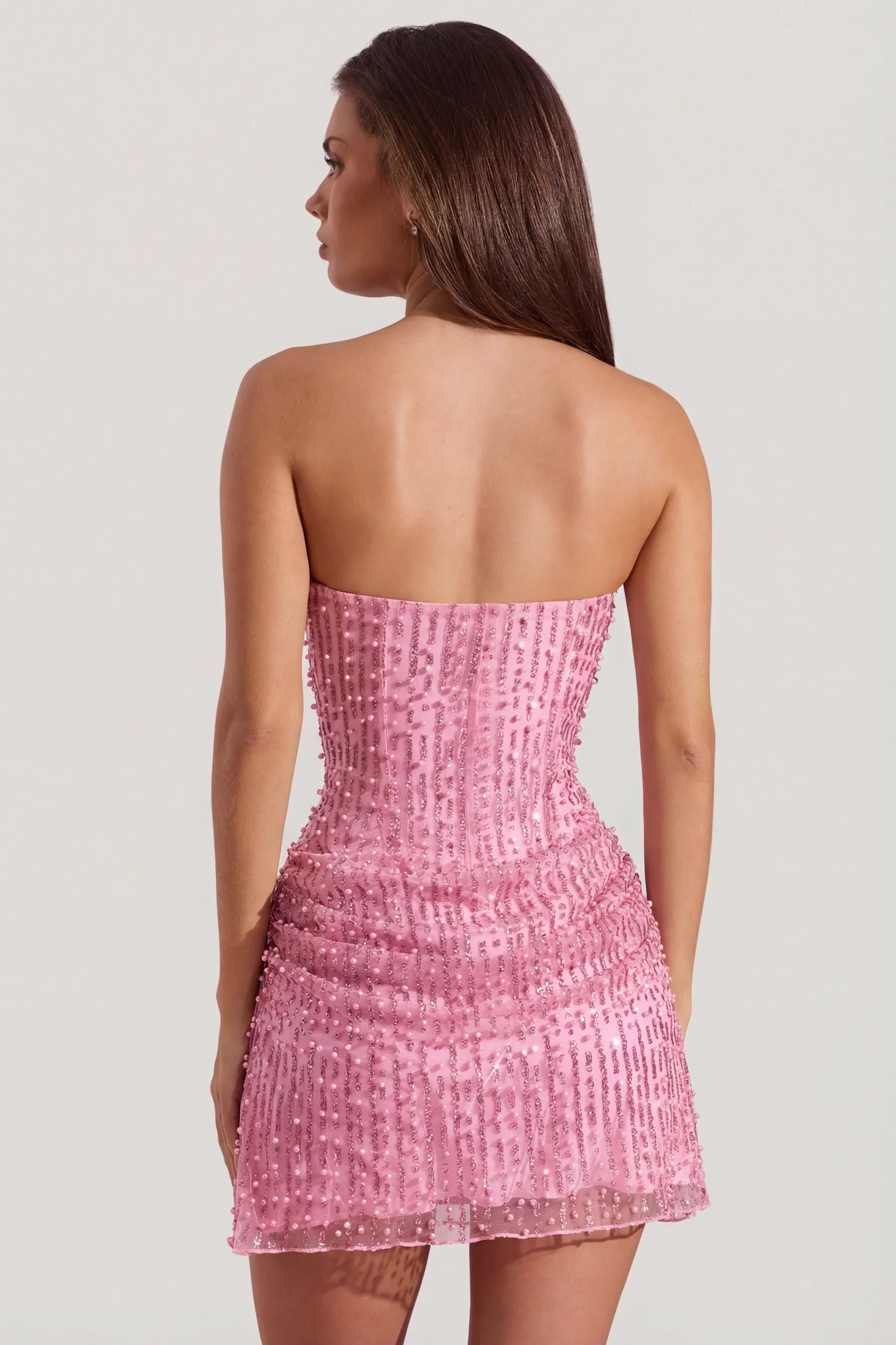 Embellished Draped Strapless A Line Mini Dress in Pink