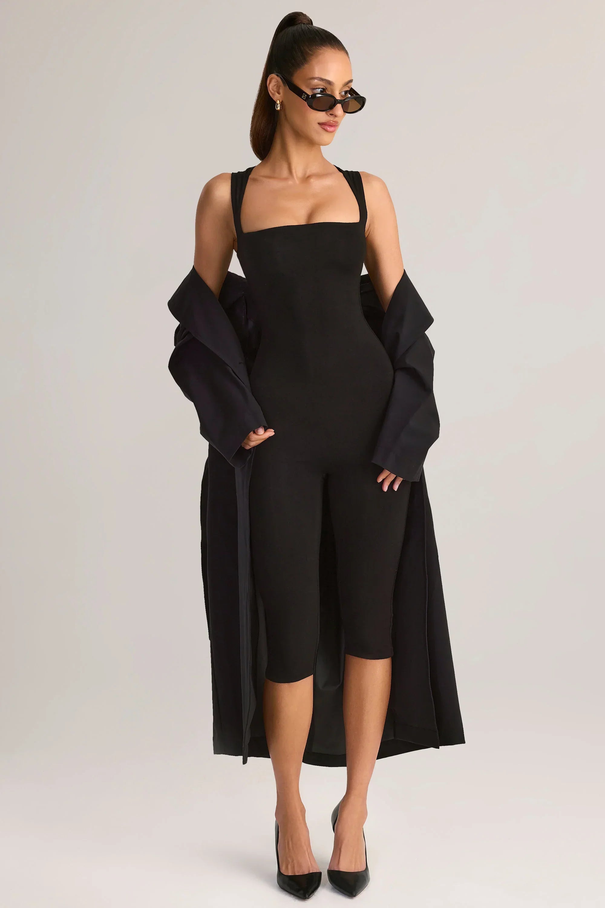 Modal Square Neck Bodycon Capri Jumpsuit in Black