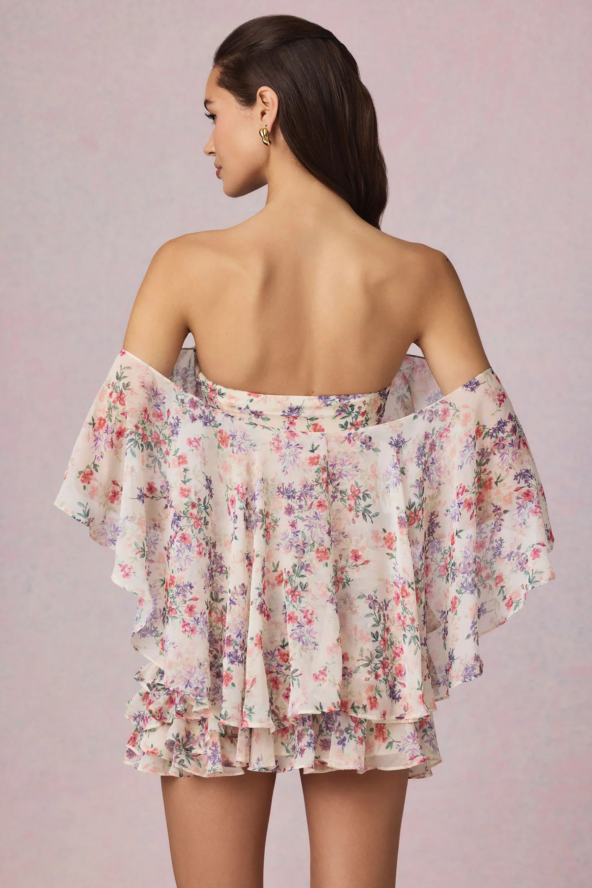 Off Shoulder Ruffled Mini Dress in Primrose Floral Print
