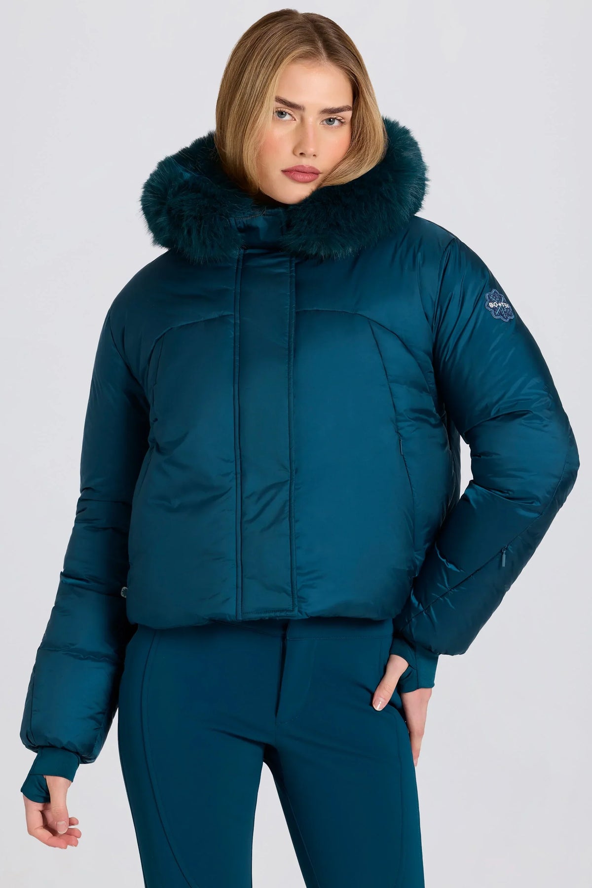 Waterproof Faux Fur Hood Cropped Ski Jacket in Teal