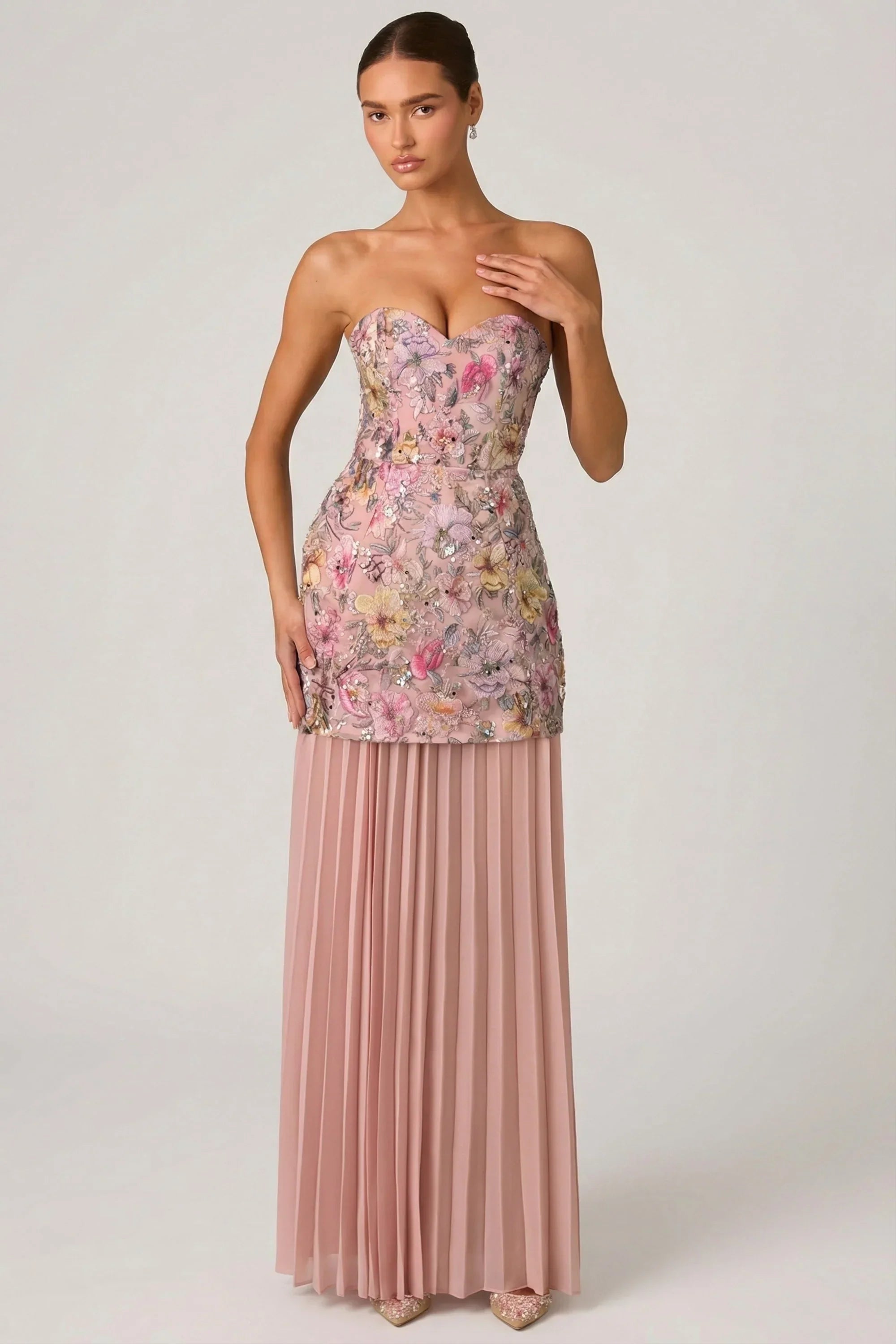 Embellished Convertible Lace Up Gown in Floral Pink
