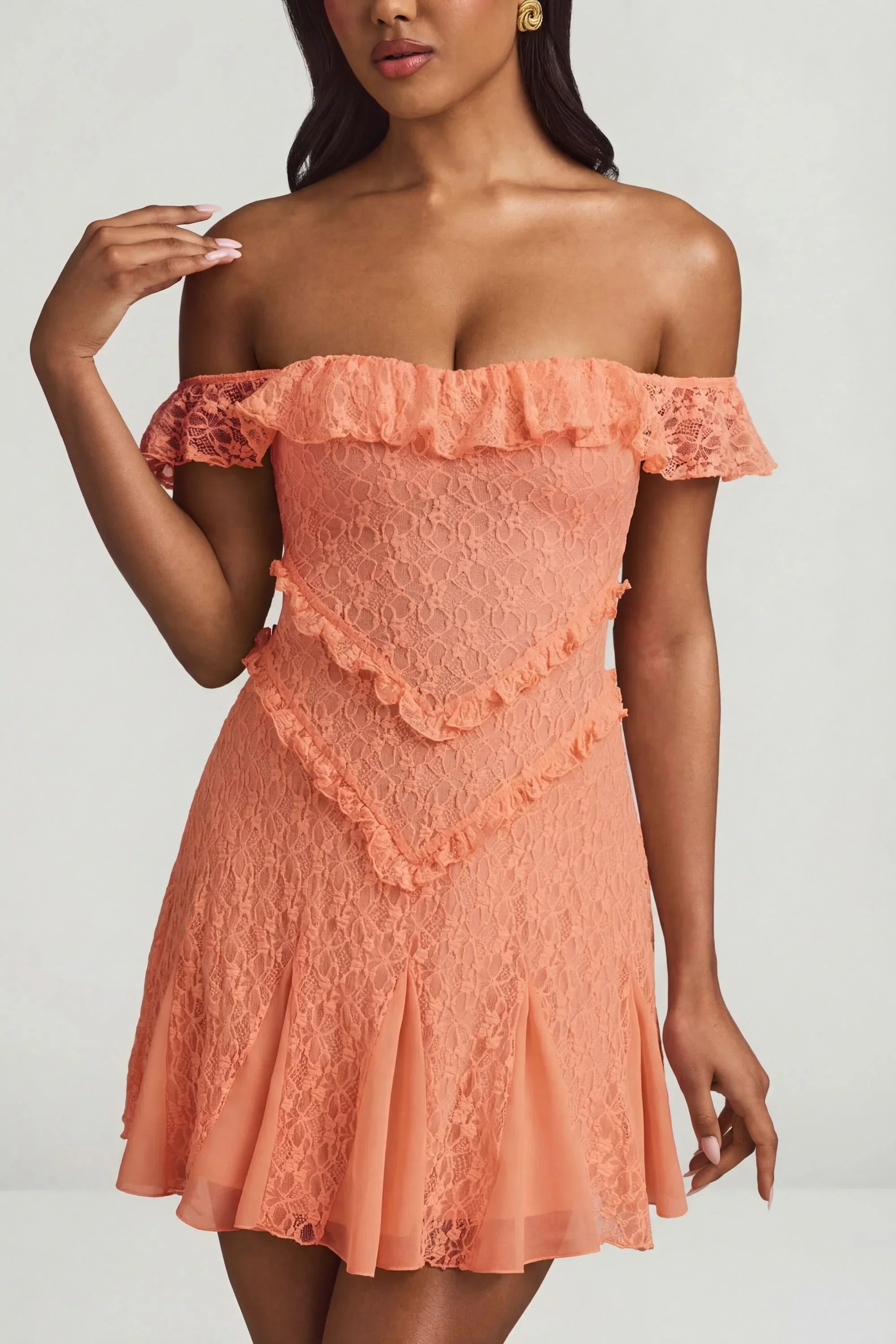 Off Shoulder Lace A Line Mini Dress in Peach