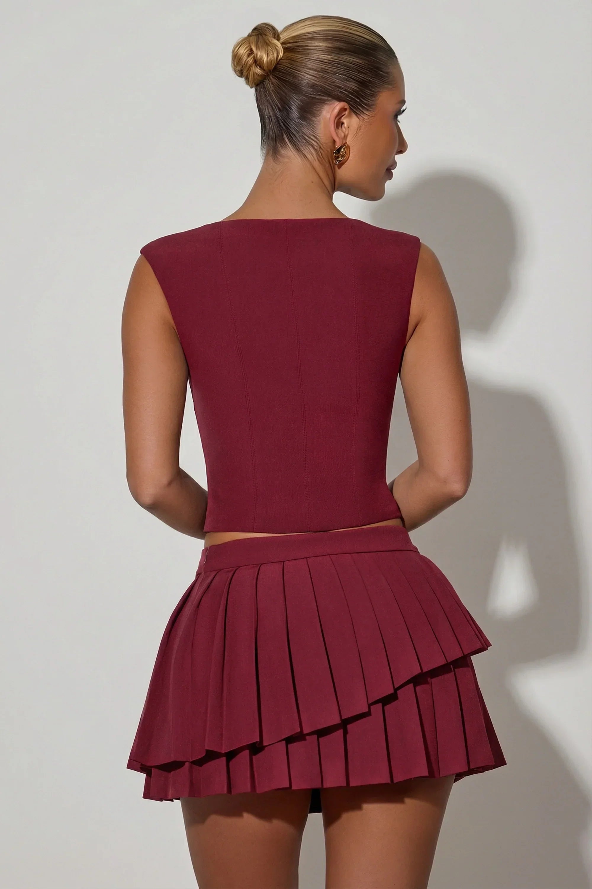 Layered Pleated Low Rise Mini Skirt in Wine Red