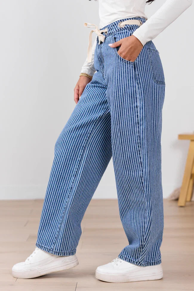 Olivia Navy Pinstripe Barrel Jeans SALE