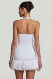 Bow Detail Halterneck Bubble Hem Mini Dress in White