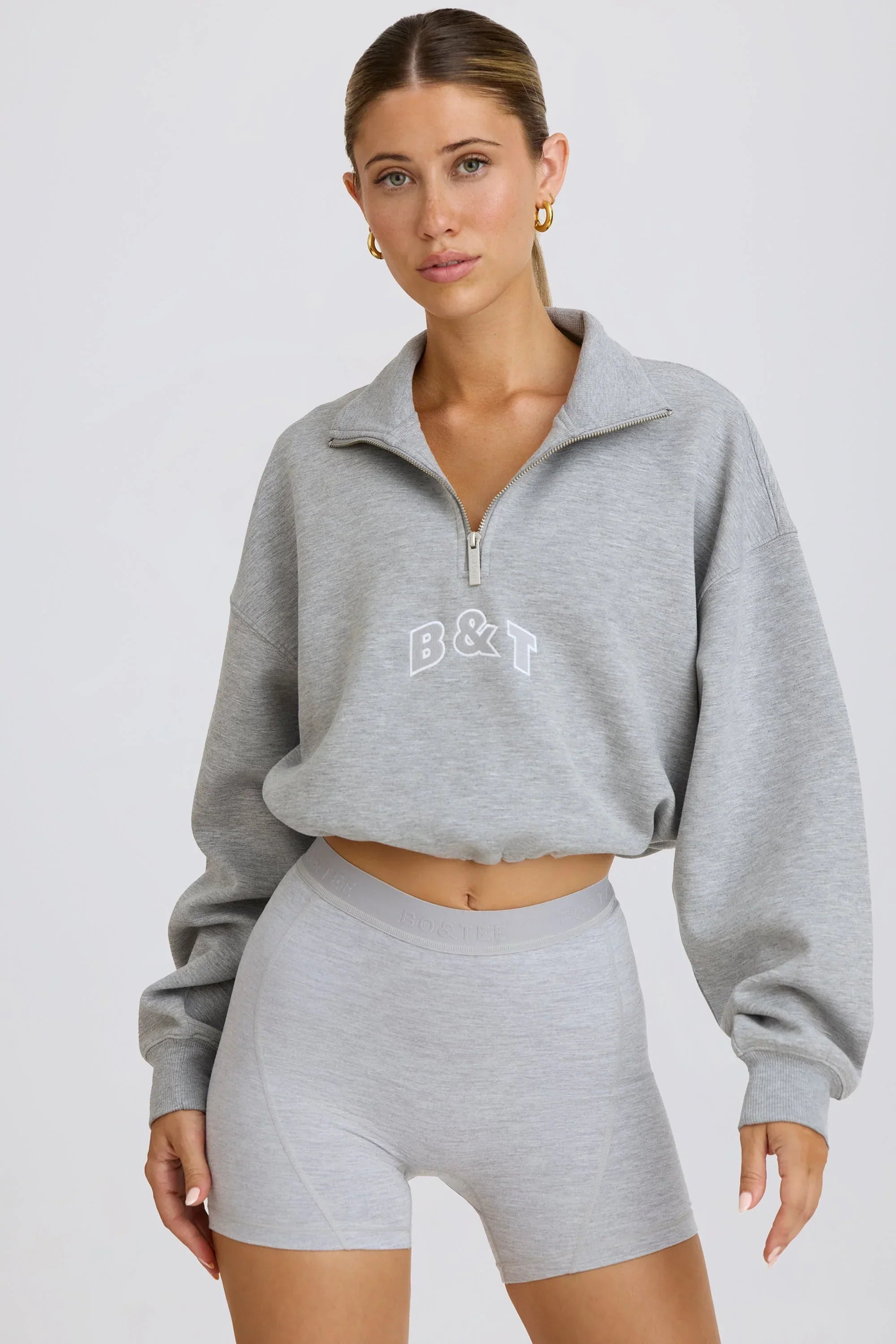 Quarter Zip Cropped Sweatshirt in Grey Marl