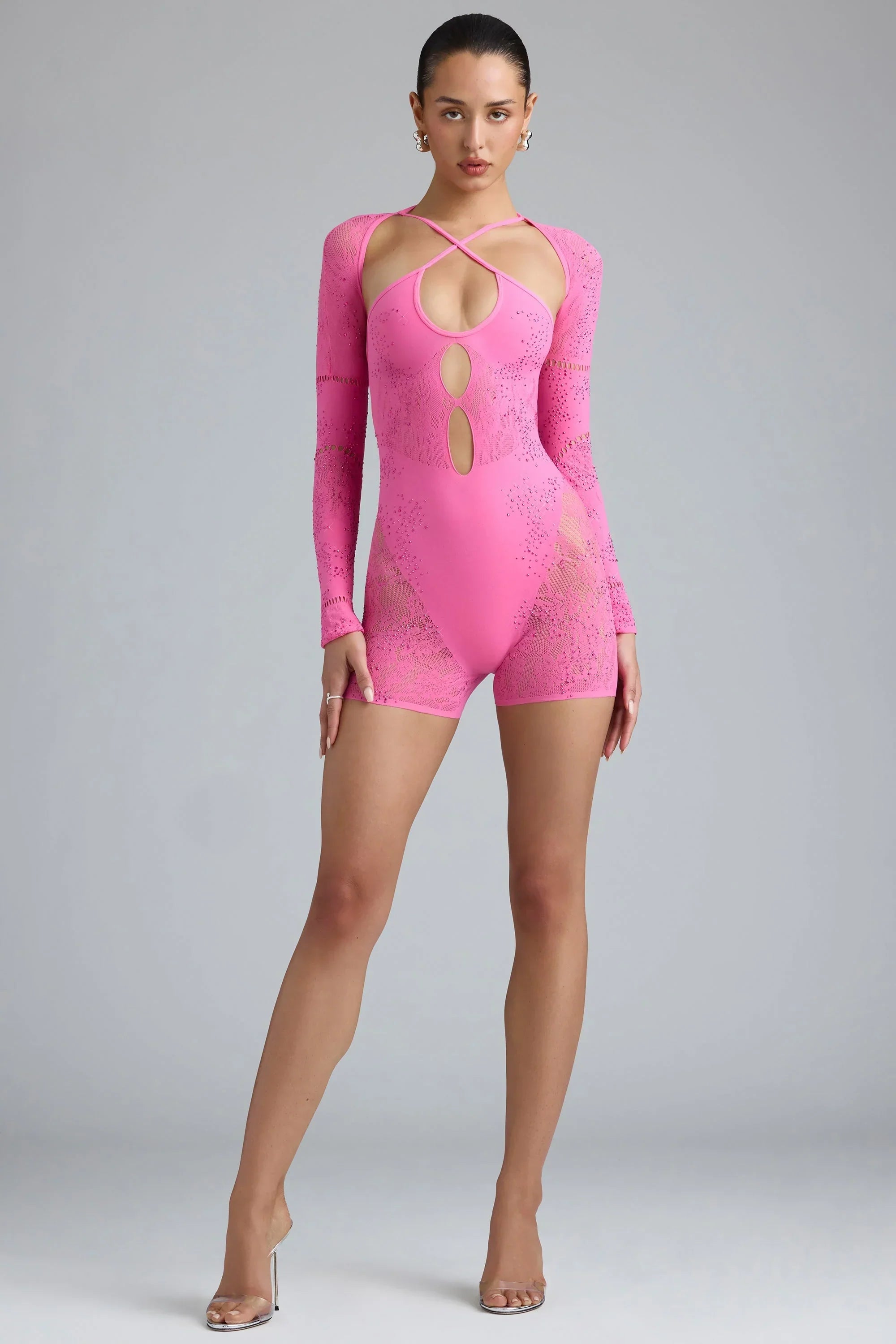 Embellished Cut Out Unitard in Bubblegum Pink