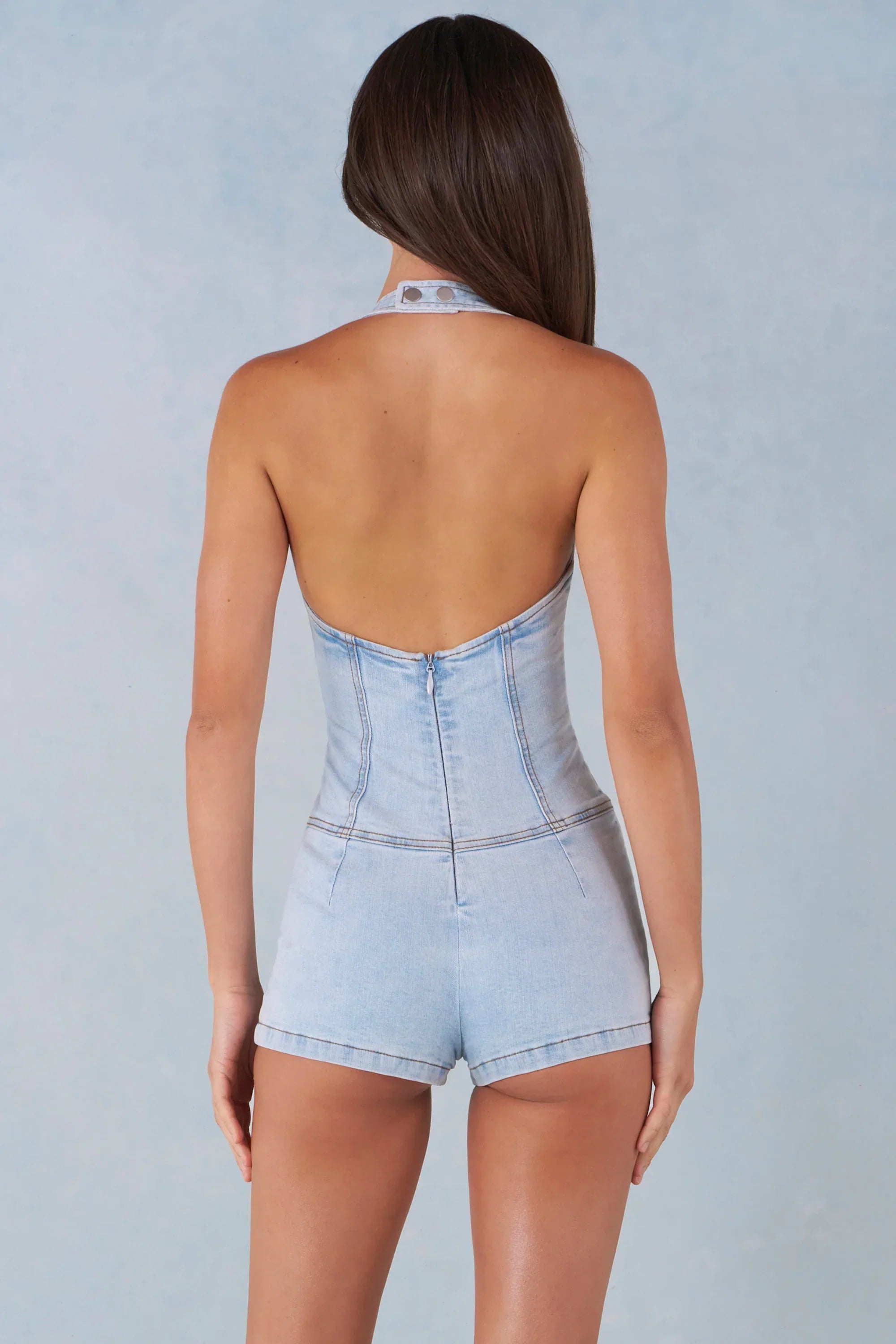 Button Down Halterneck Playsuit in Light Denim