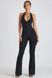 Modal Lace Trim Cut Out Flared Jumpsuit in Black
