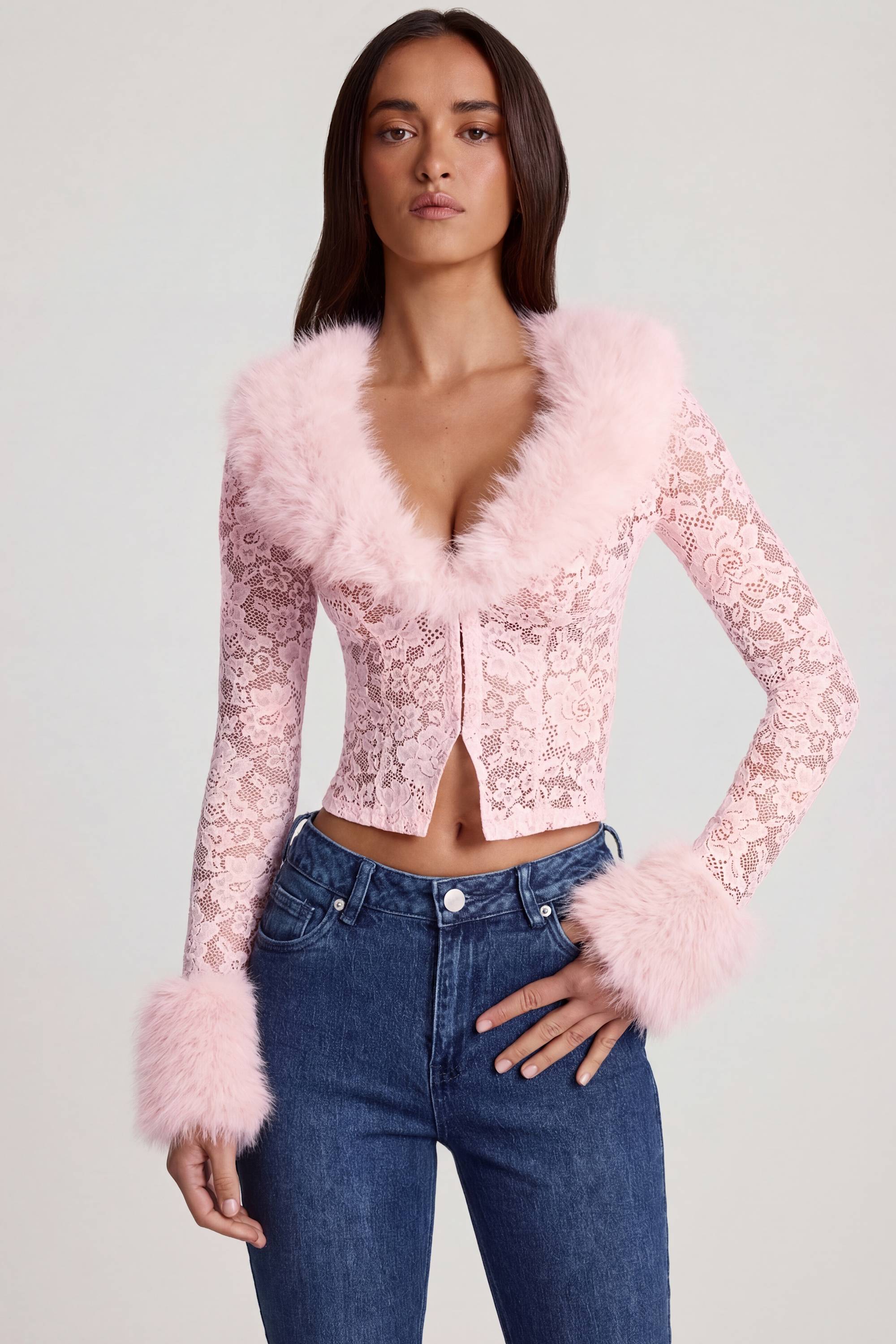 Sheer Lace Faux Fur Trim Cardigan in Pink