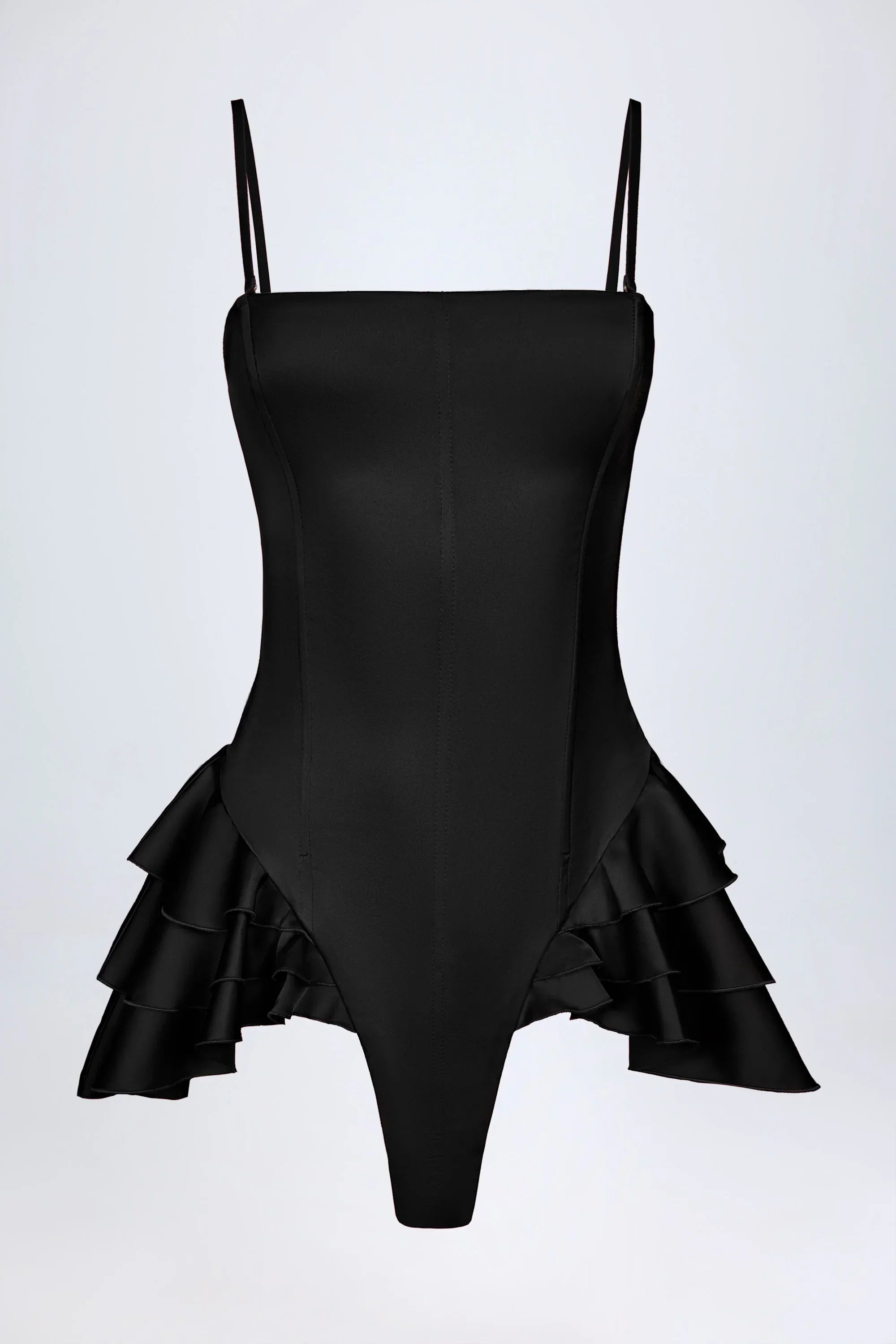 Ruffled Lace Up Corset Playsuit in Black