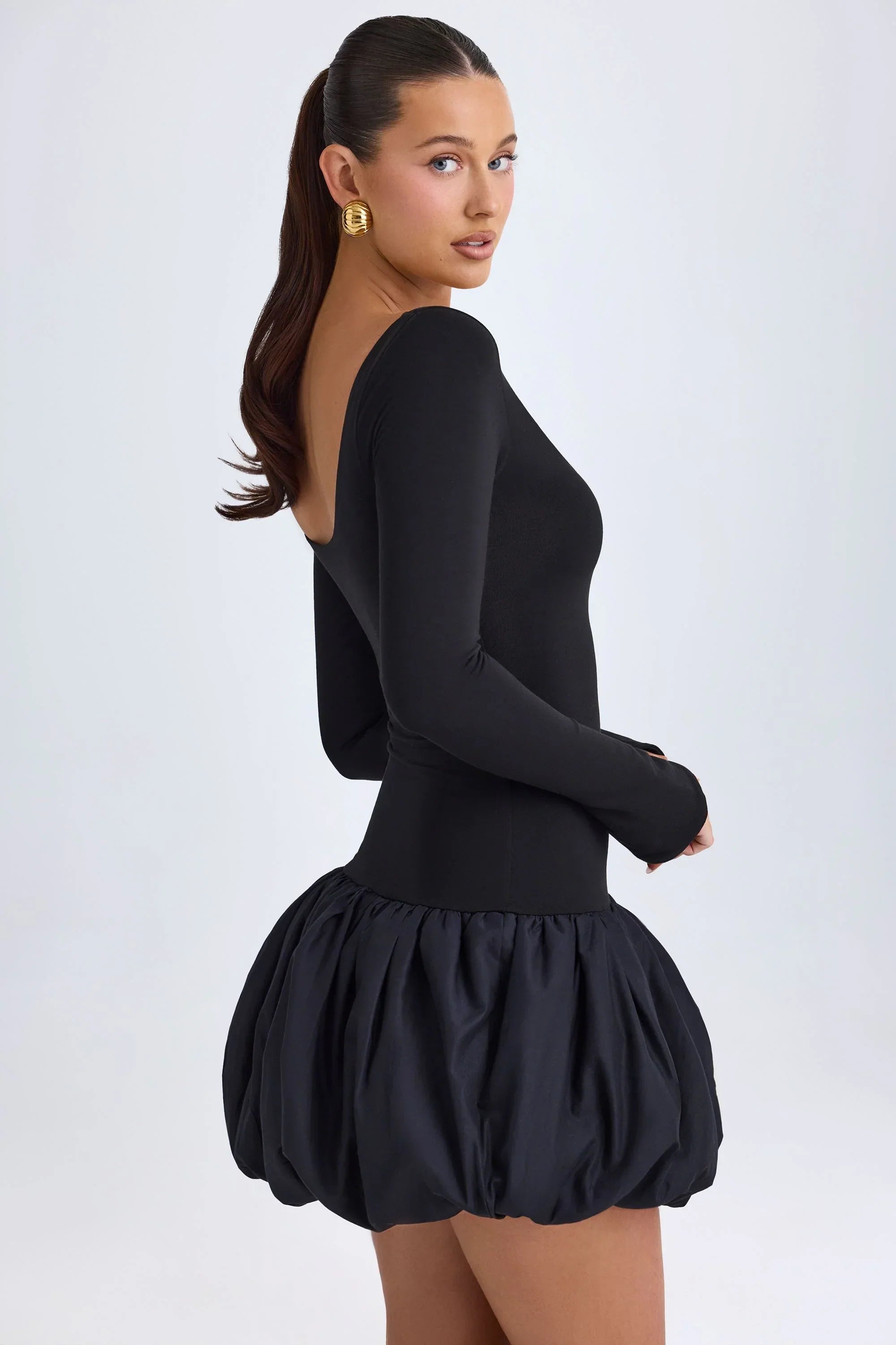 Modal Scoop Neck Drop Waist Bubble Hem Mini Dress in Black