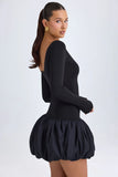 Modal Scoop Neck Drop Waist Bubble Hem Mini Dress in Black
