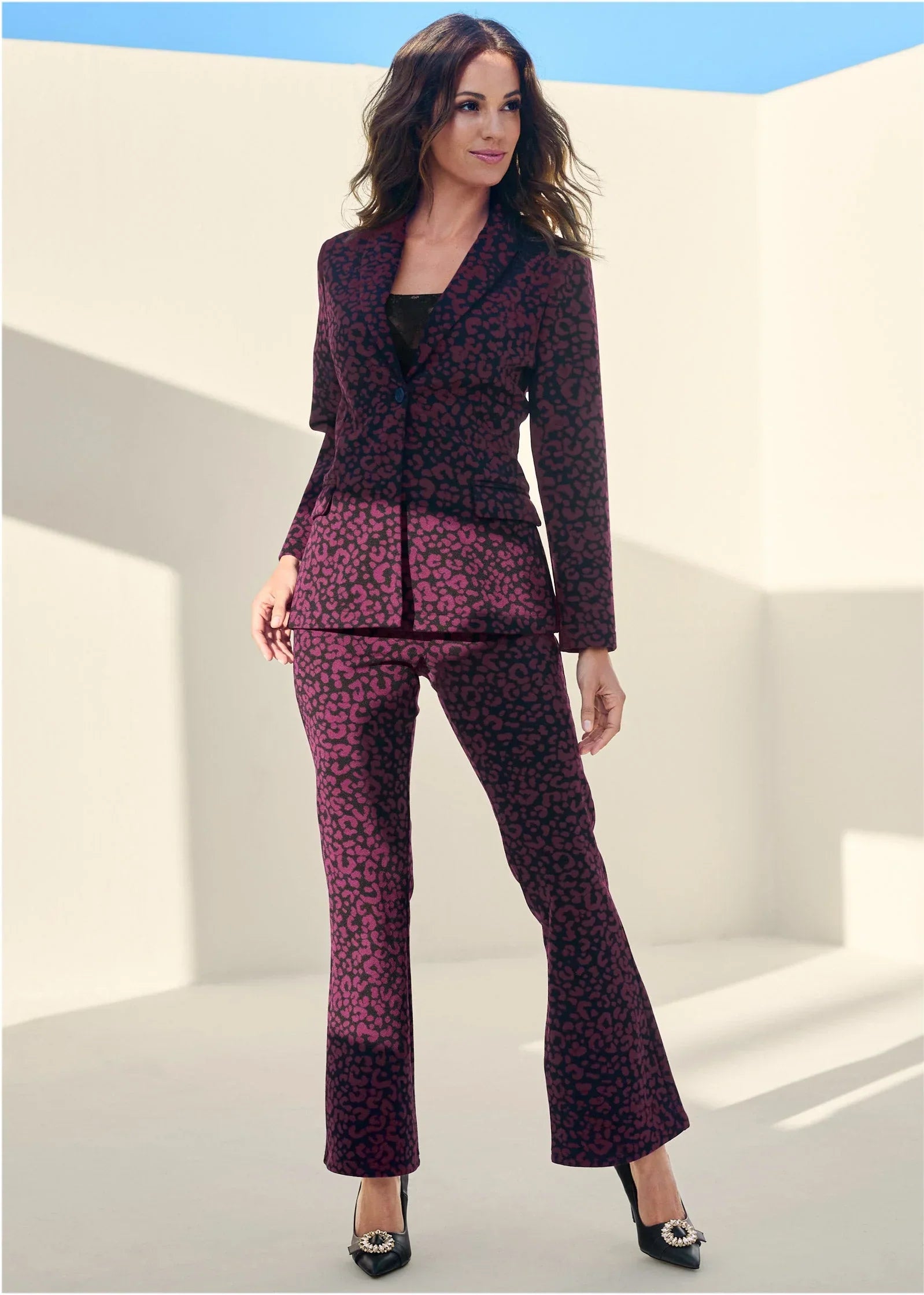 Leopard Kick Flare Suit Set Wine
