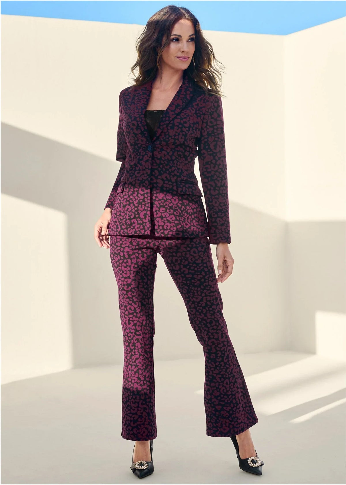 Leopard Kick Flare Suit Set Wine