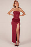 Bandeau Draped Thigh High Maxi Dress in Wine
