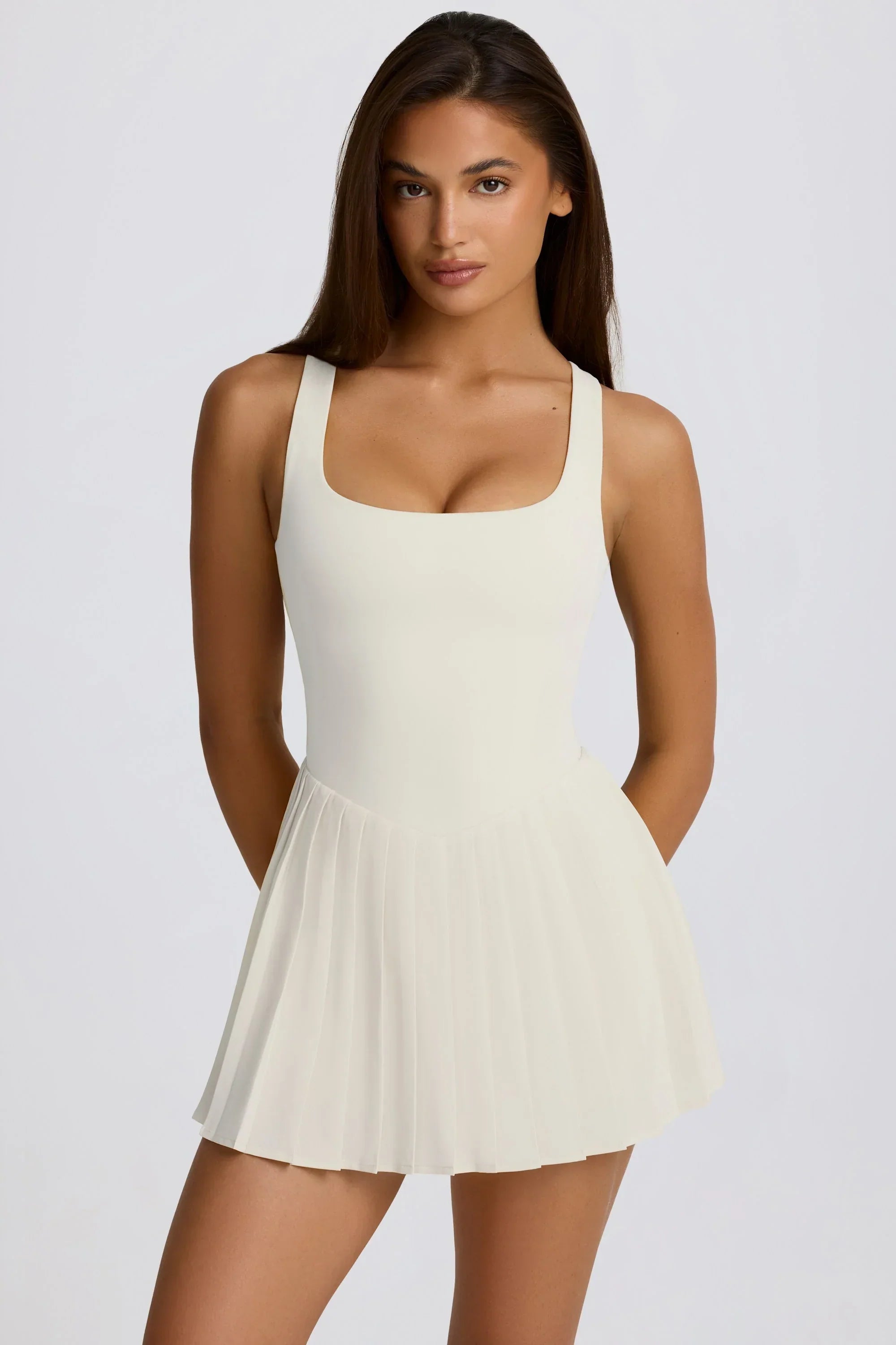 Soft Active Open Back Pleated Tennis Dress in Coconut
