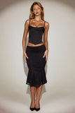 Satin Cowl Neck Lace Up Corset Top in Black