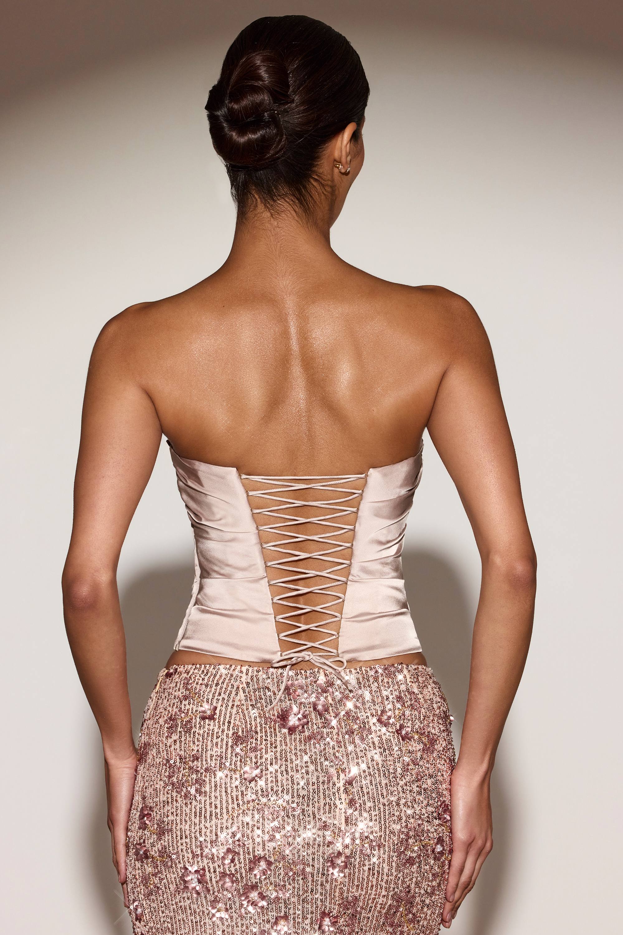Satin Draped Lace Up Corset Top in Gold