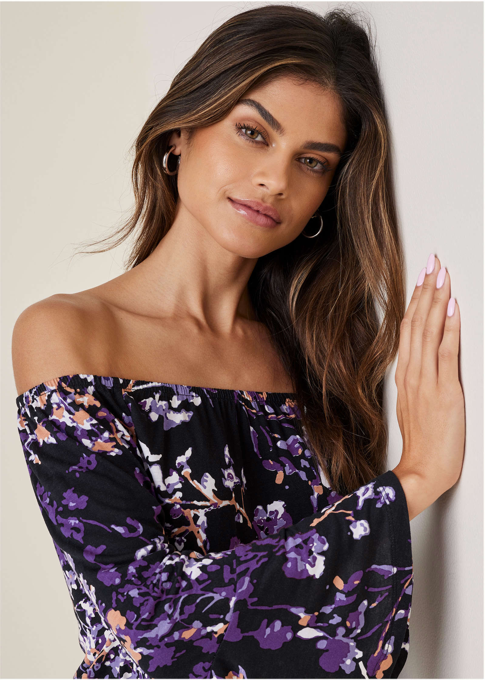 Bell Sleeve Printed Top Purple Multi
