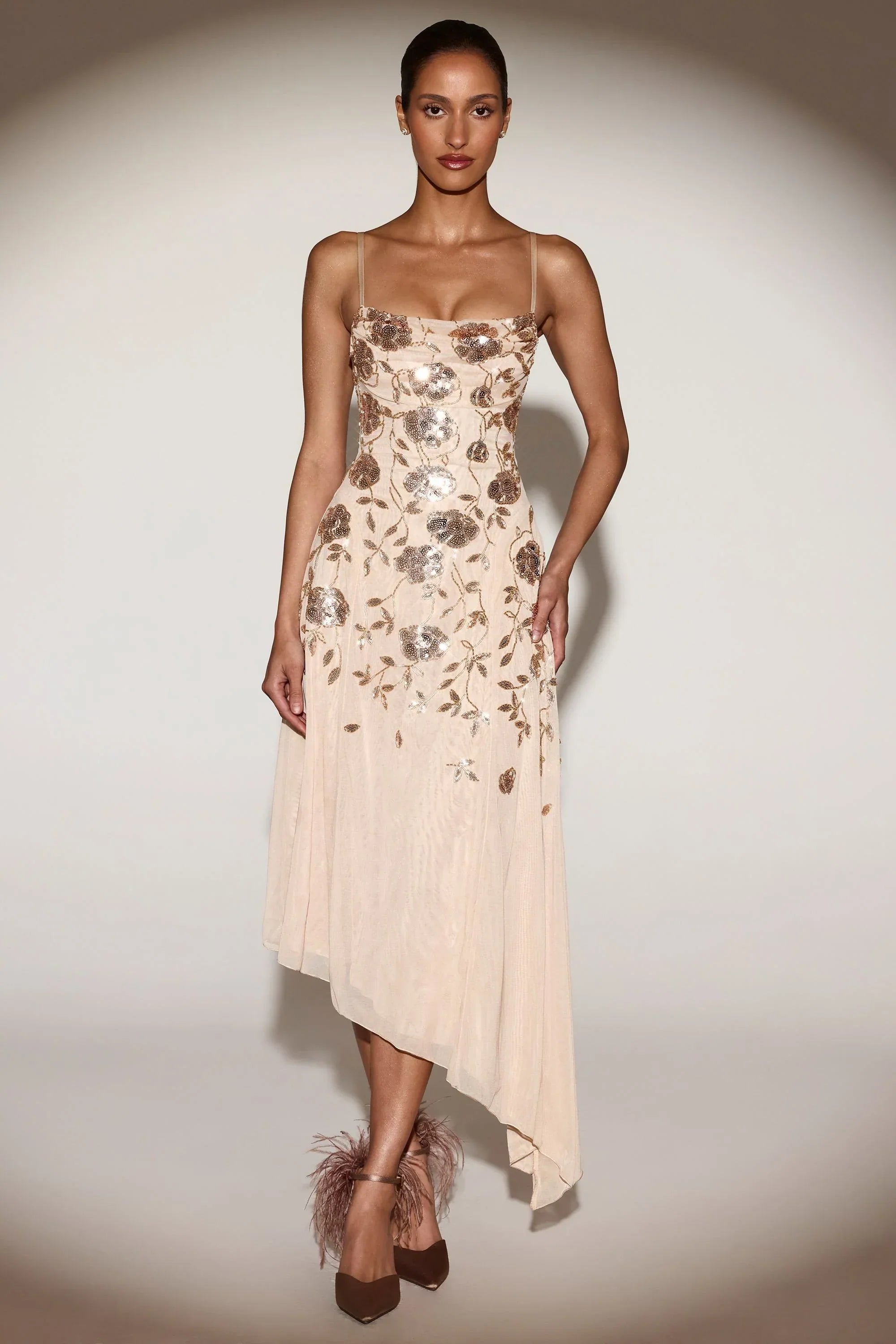 Embellished Soft Scoop Asymmetric Midaxi Dress in Gold