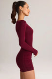 Modal Boat Neck Draped Long Sleeve Mini Dress in Wine