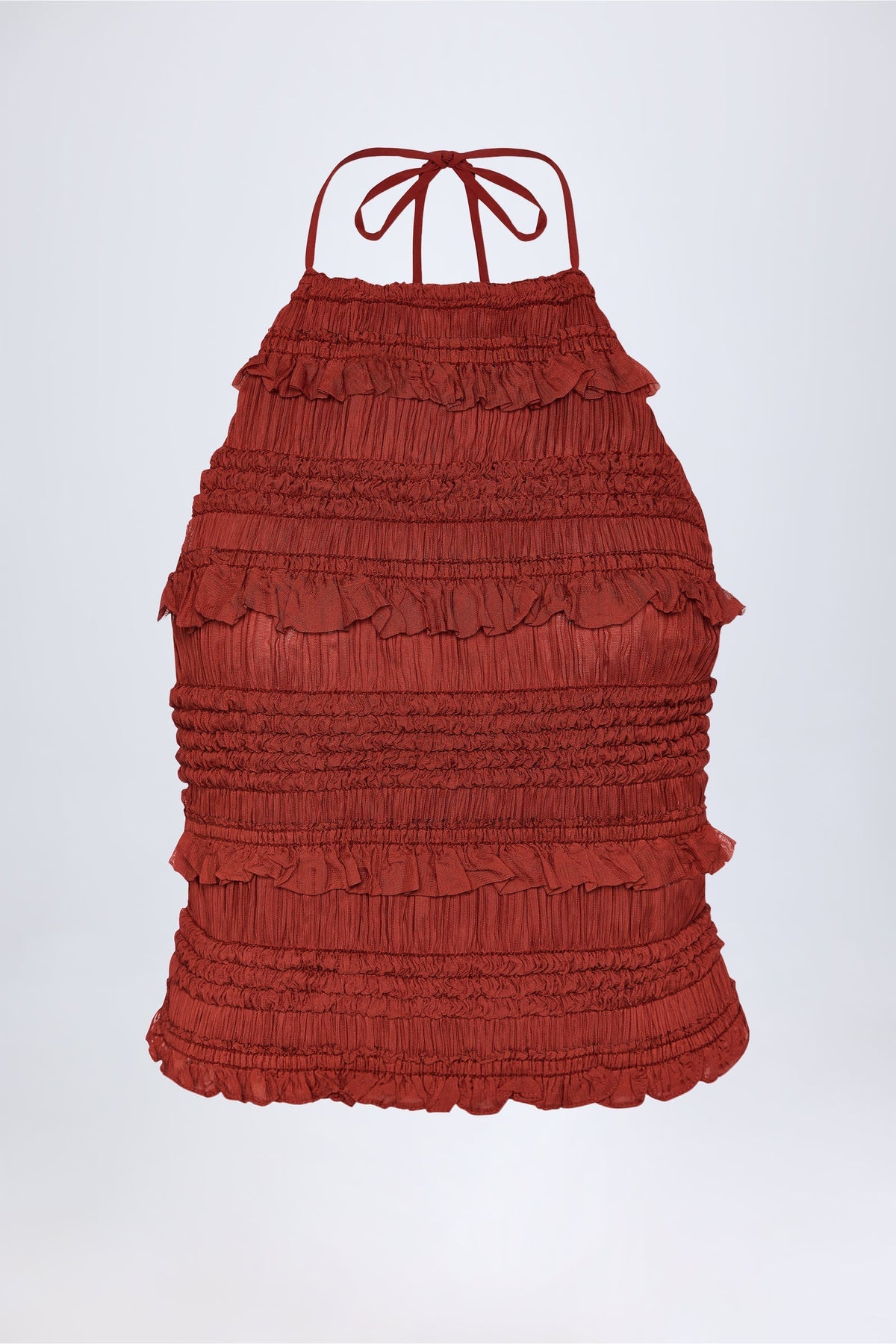 Ruffled High Neck Backless Top in Burnt Red