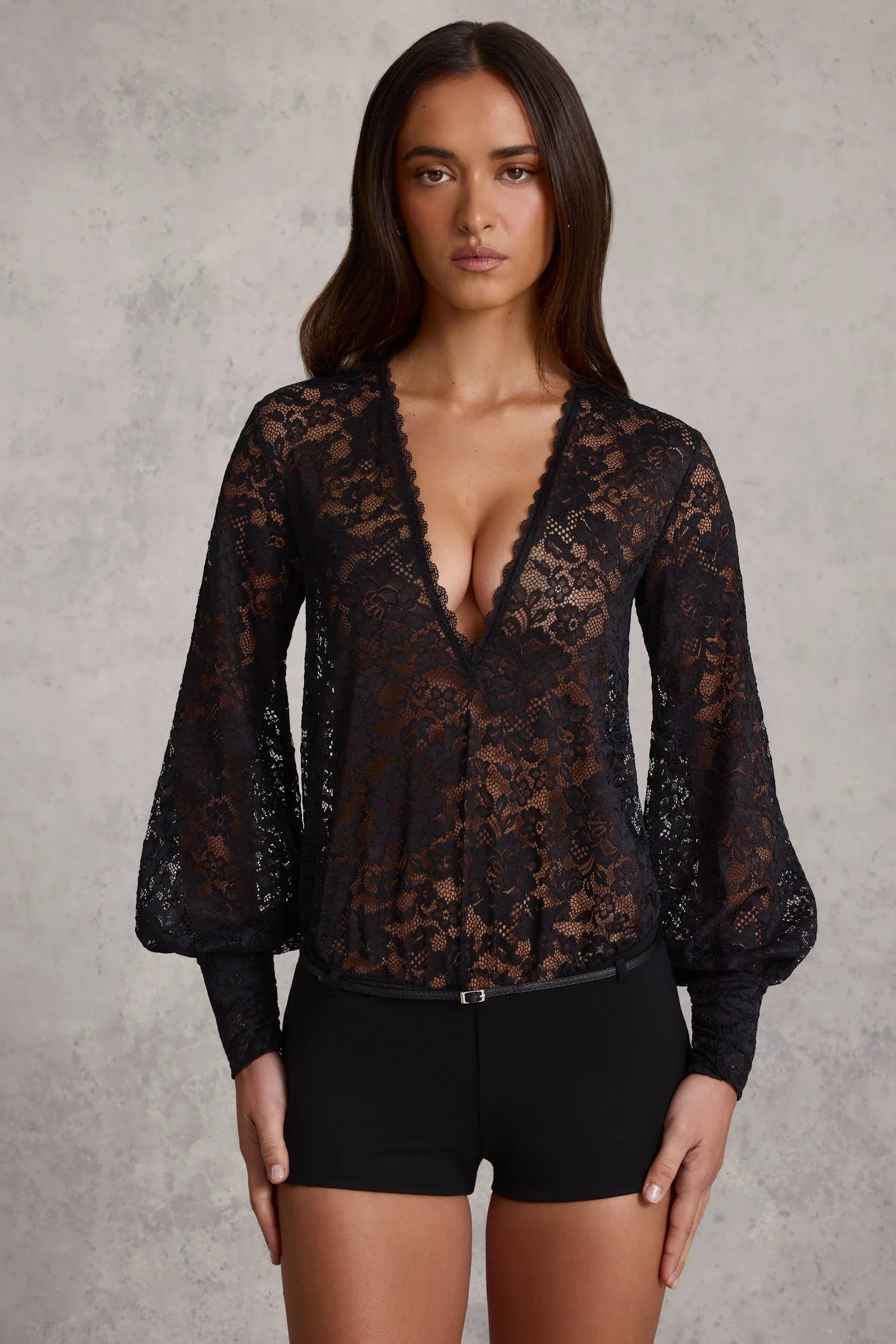 Sheer Lace Plunge Neck Loose Fit Playsuit in Black