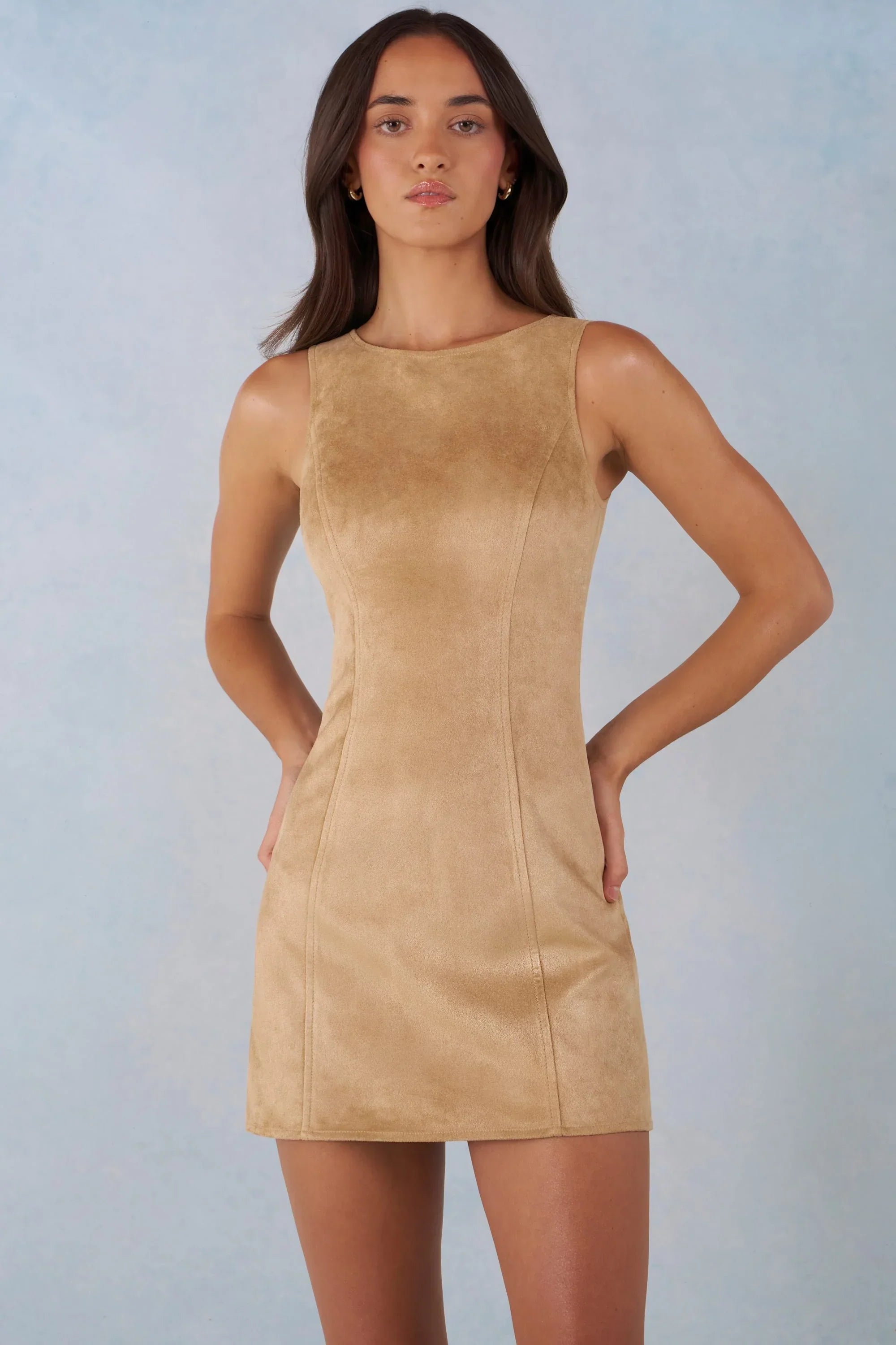 Faux Suede A Line Mini Dress in Tan
