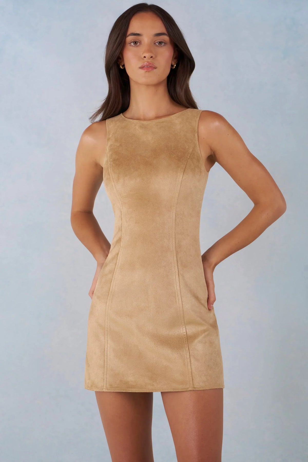 Faux Suede A Line Mini Dress in Tan