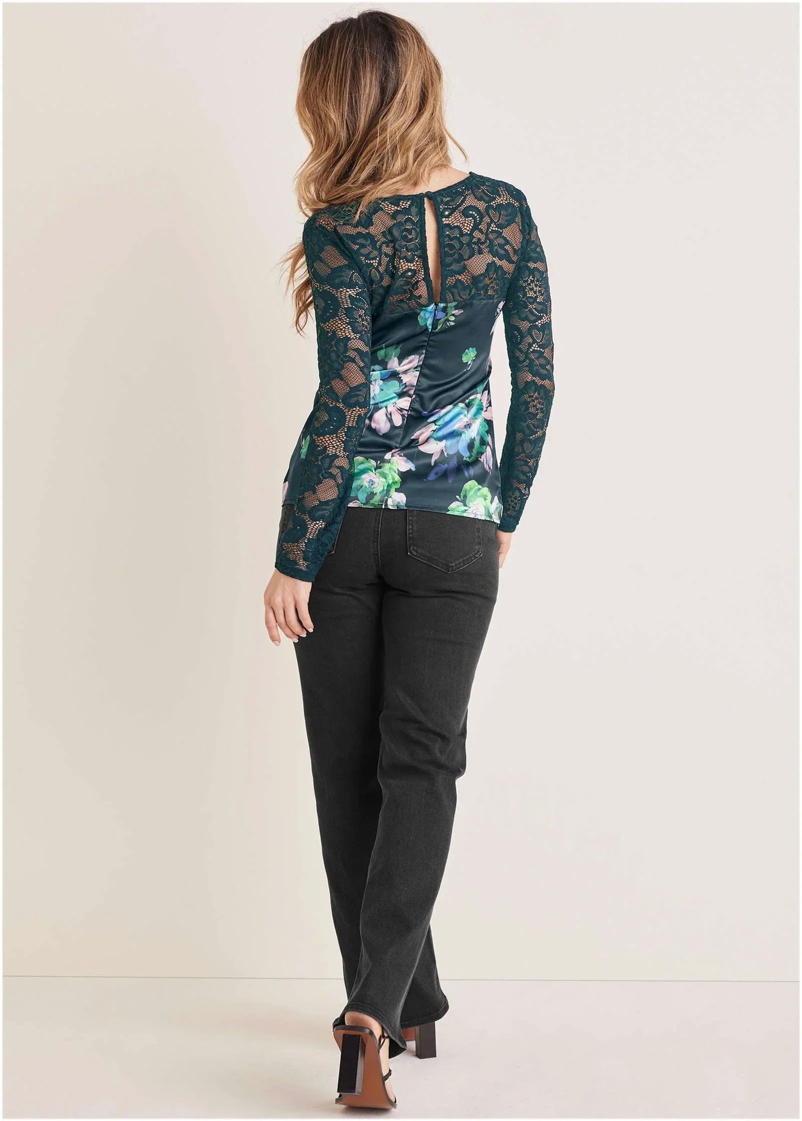Lace Sleeve Printed Top Midnight Garden