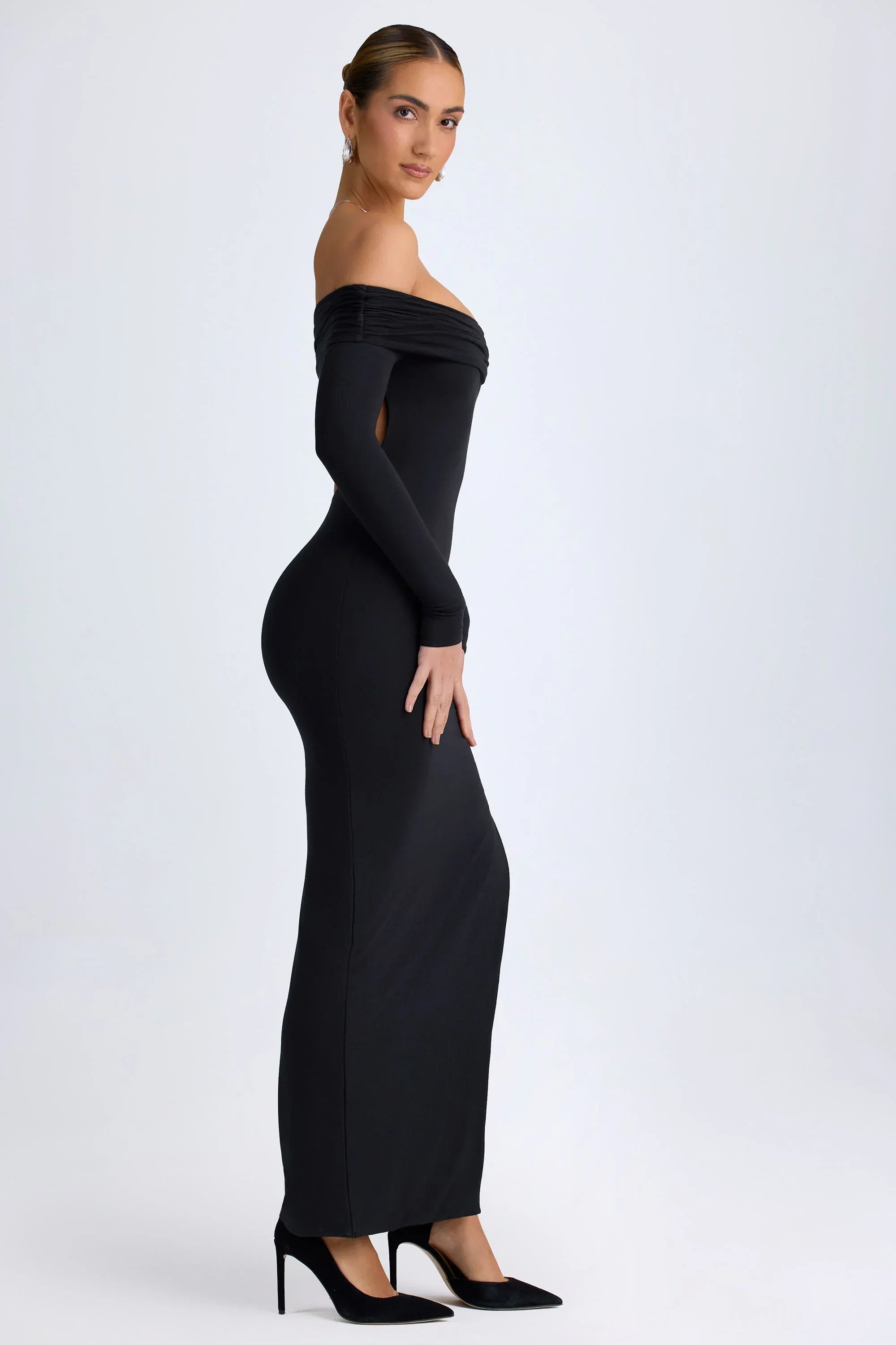 Modal Off Shoulder Open Back Maxi Dress in Black