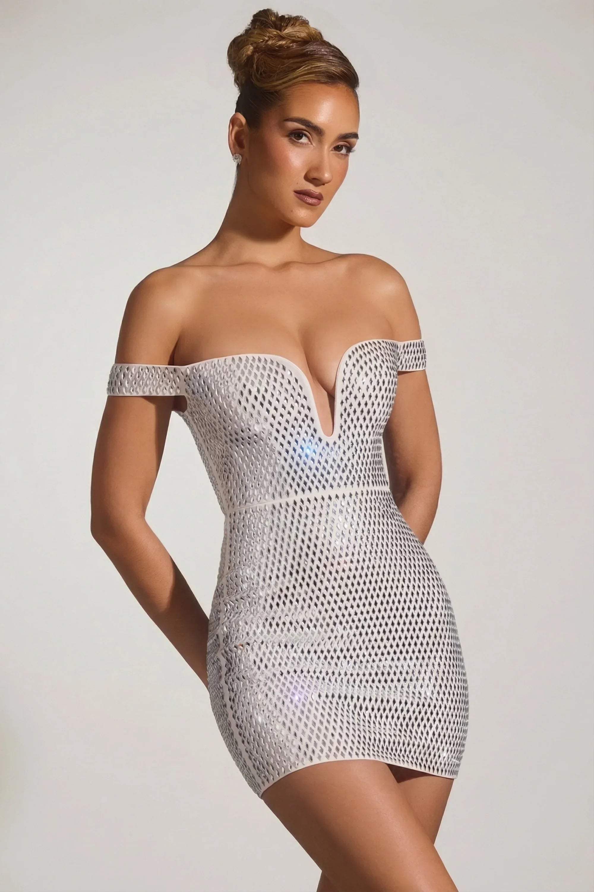 Embellished Off Shoulder Mini Dress in White