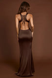 Scoop Neck Lace up Back Maxi Dress in Chocolate Brown