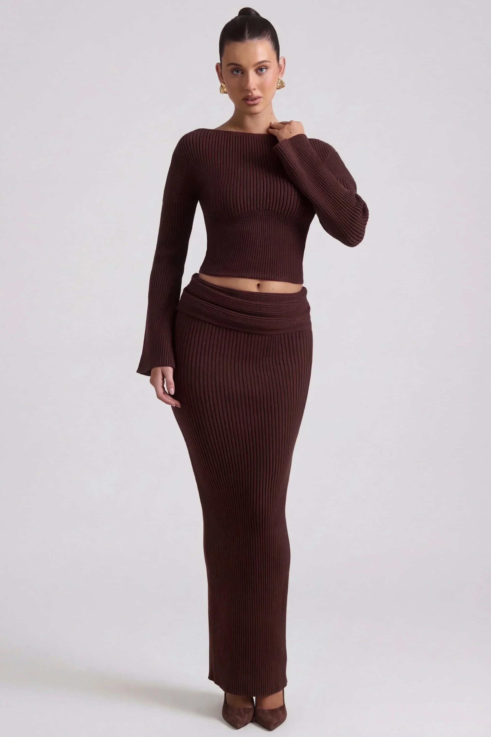 Ribbed Knit Slash Neck Top in Espresso