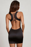 Scoop Neck Lace up Back Mini Dress in Black