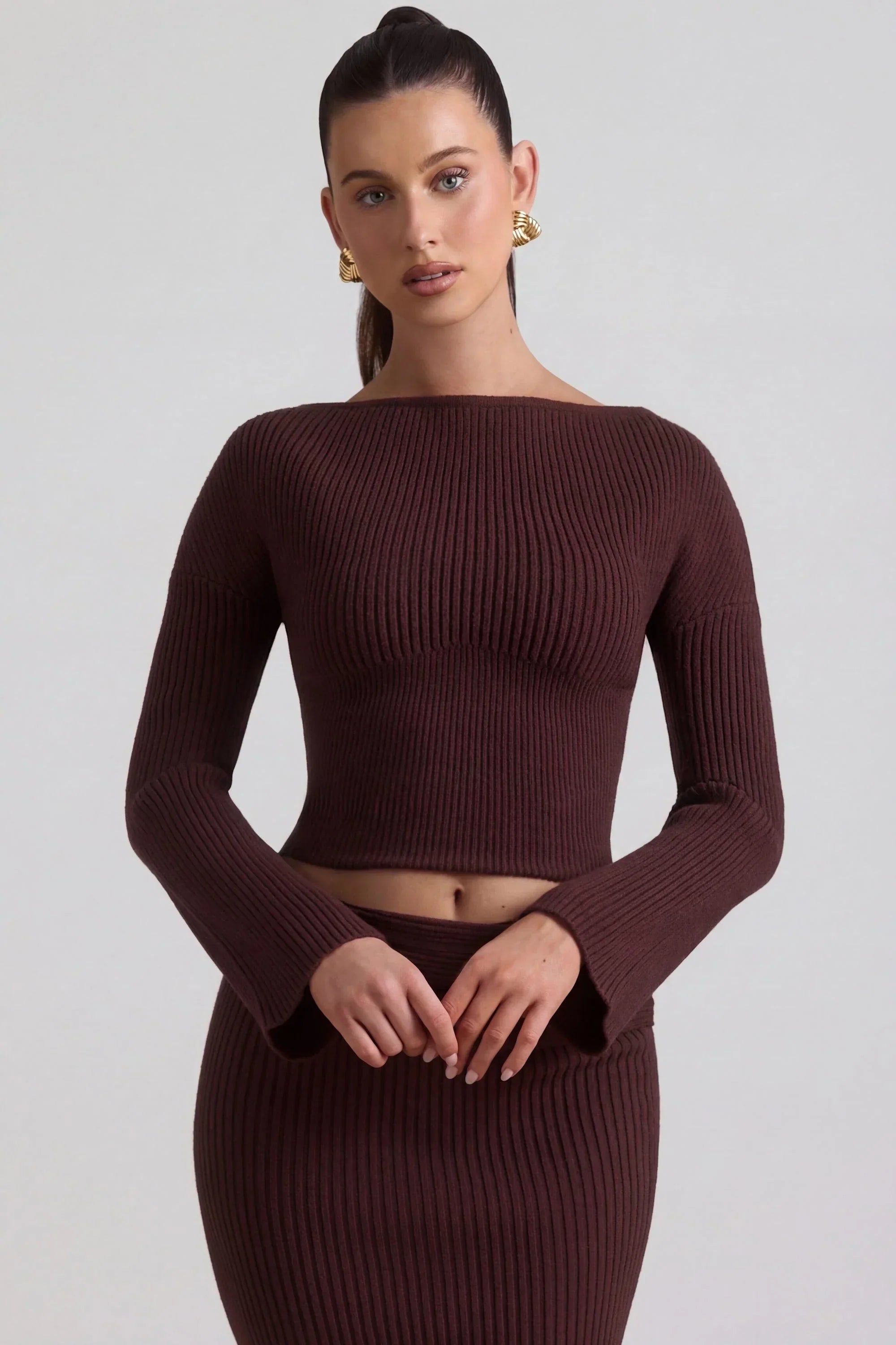 Ribbed Knit Slash Neck Top in Espresso
