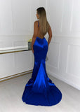Love Affair Satin Gown with Ruched Back Electric Blue