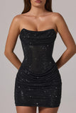 Embellished Bandeau Cowl Waist Mini Dress in Black