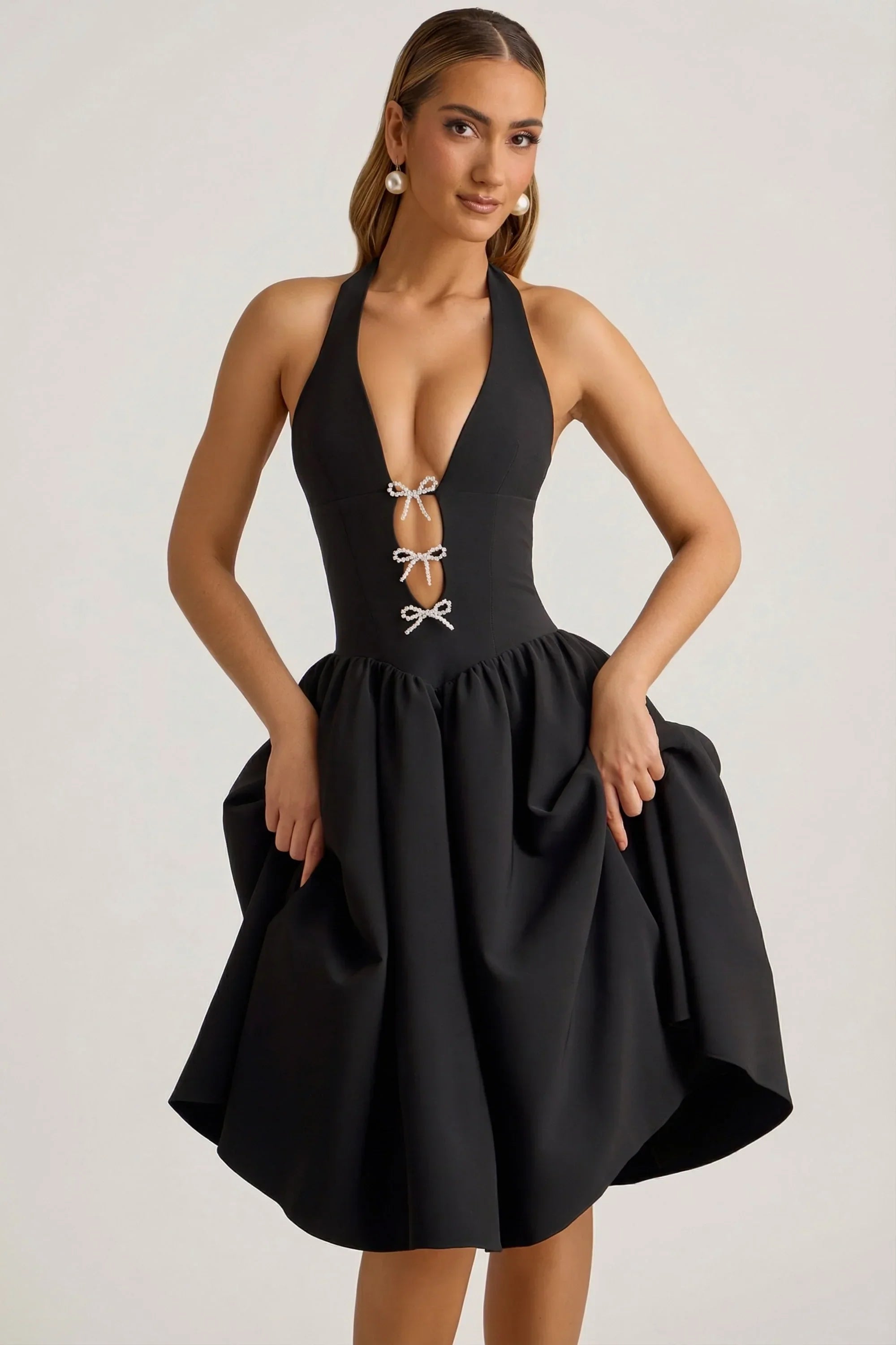 Halterneck Bow Detail Midi Dress in Black