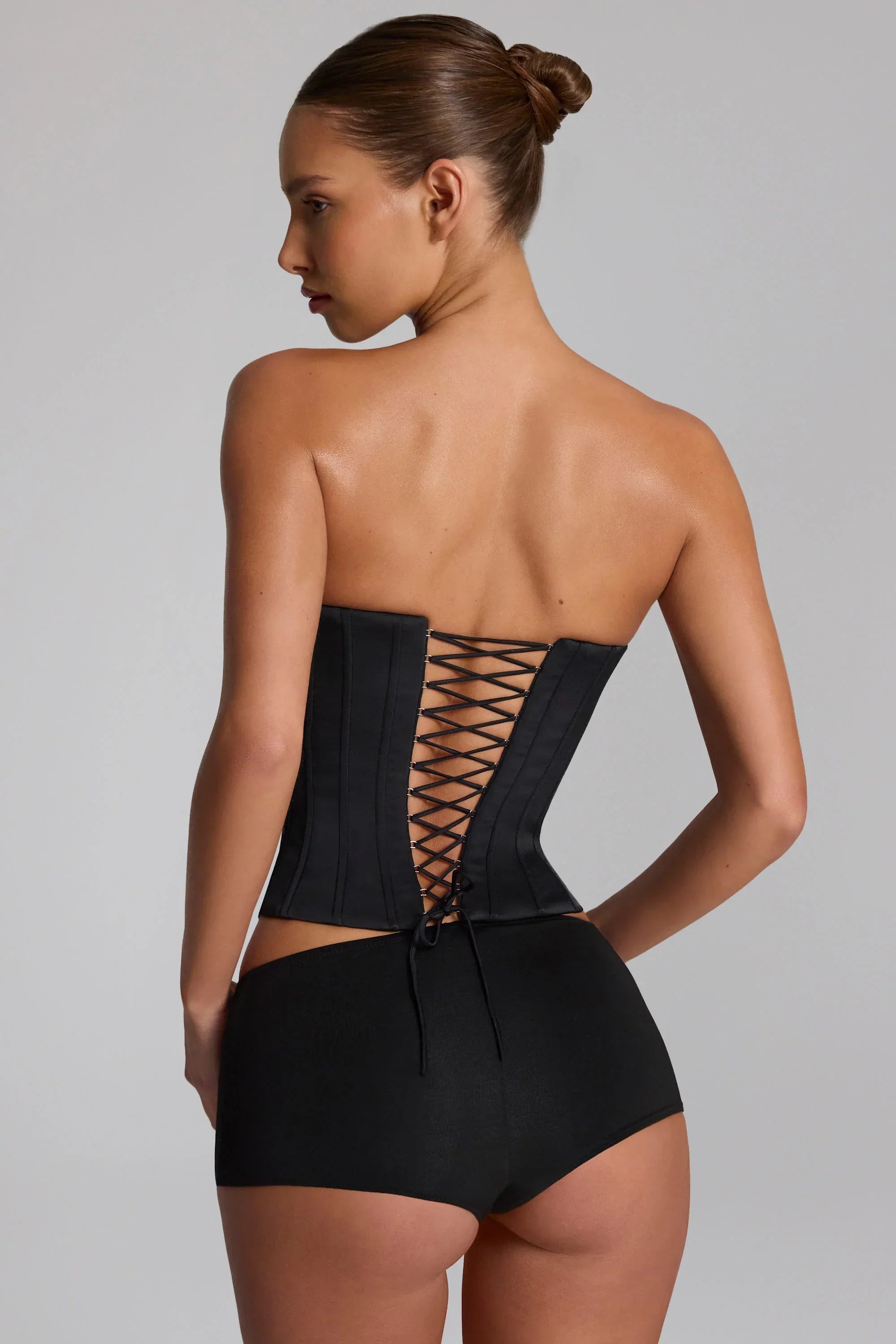 Satin Lace Up Corset Top in Black